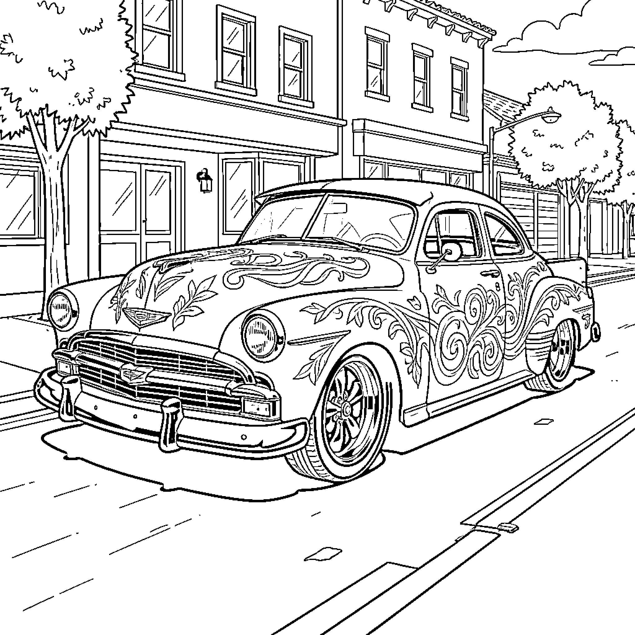 Lowrider cruising through a quiet city street Coloring Page (free black-and-white line drawing printable PDF for all, from beginners to advanced learners, including children, teens, adults, and seniors)