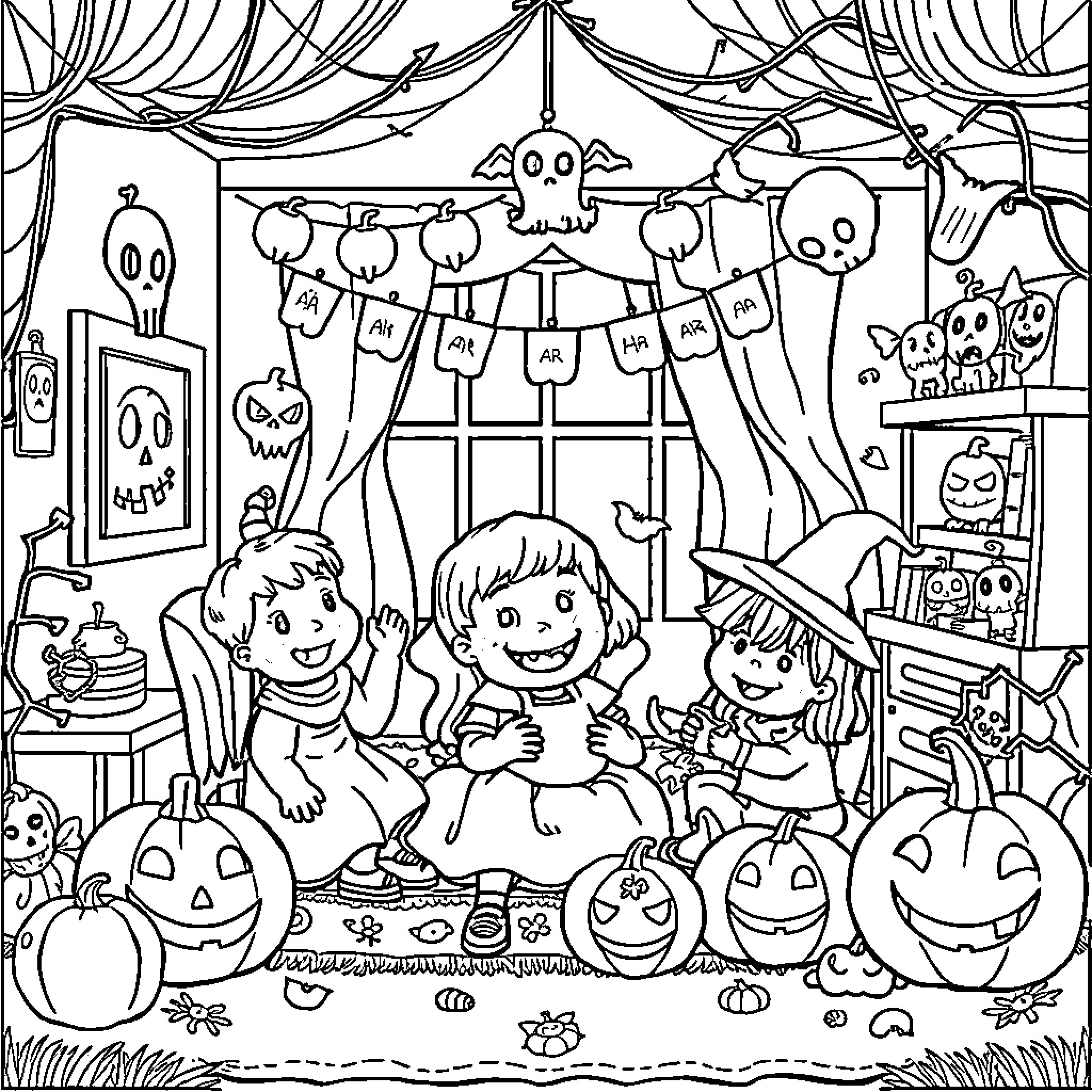 Halloween Children's Spooky Celebration Coloring Page (free black-and-white line drawing printable PDF for all, from beginners to advanced learners, including children, teens, adults, and seniors)