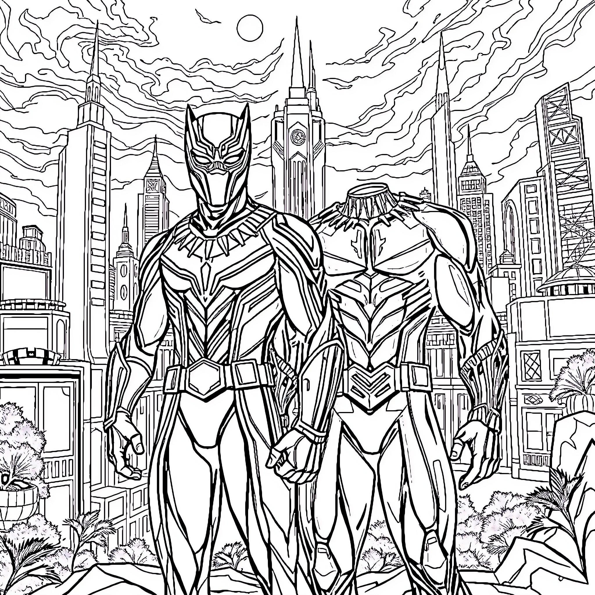 Ironheart: Superheroes Defending the Futuristic City Coloring Page (free black-and-white line drawing printable PDF for all, from beginners to advanced learners, including children, teens, adults, and seniors)