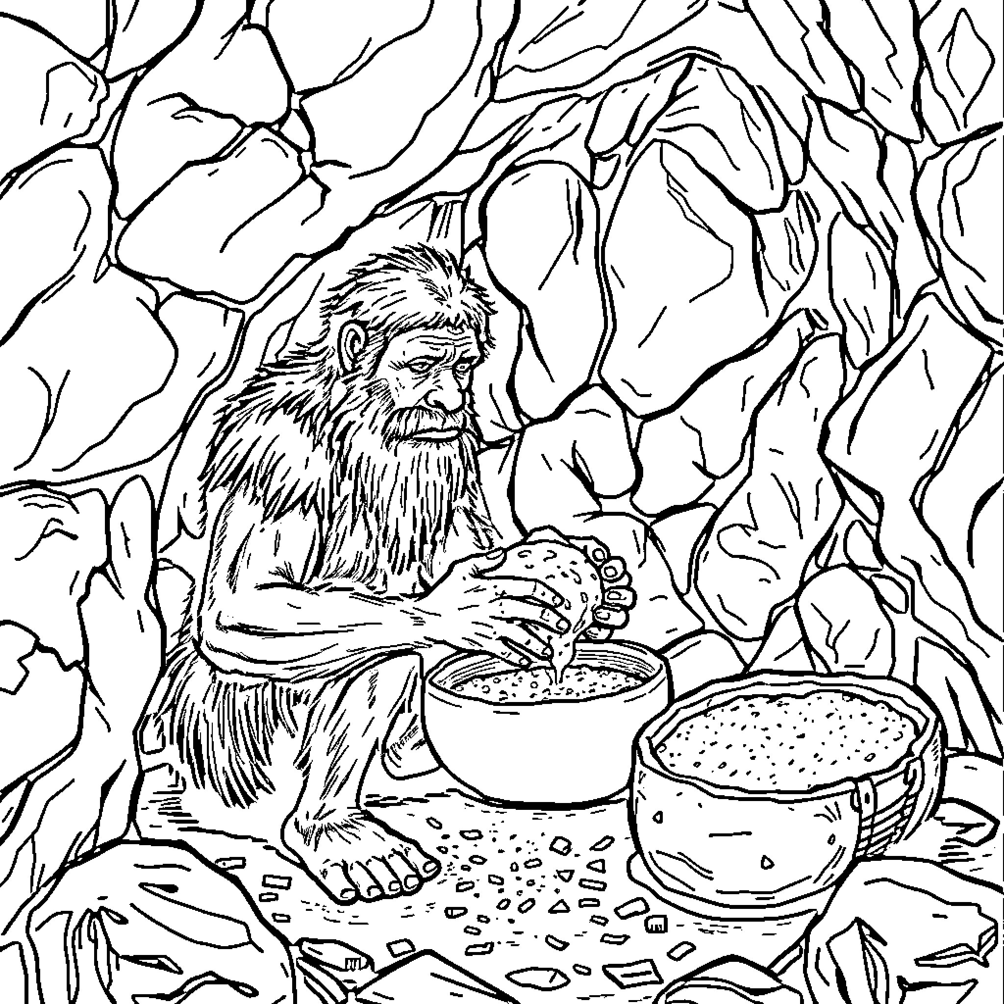 Neanderthal Preparing Meal in Cave Dwelling Coloring Page (free black-and-white line drawing printable PDF for all, from beginners to advanced learners, including children, teens, adults, and seniors)