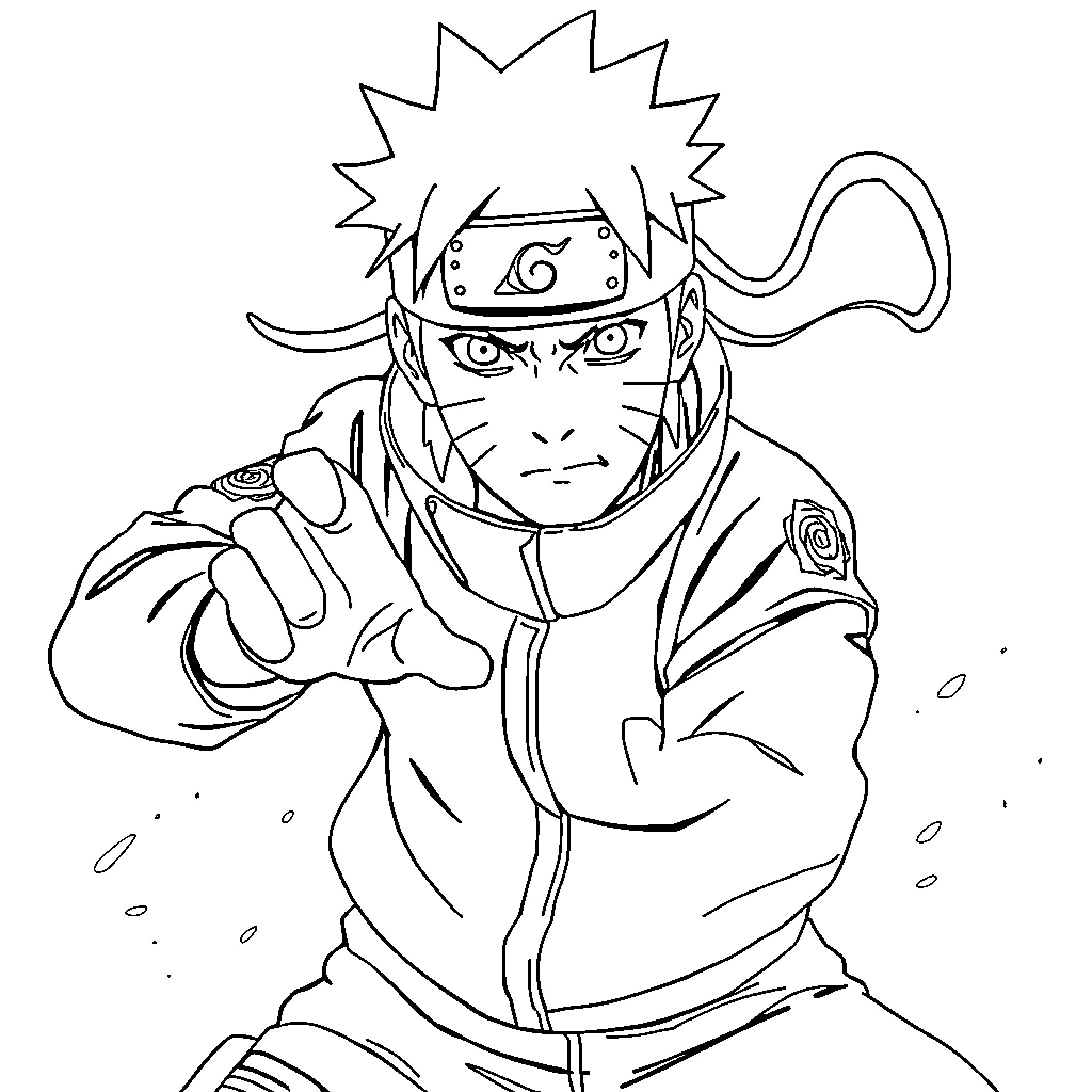Naruto in action-packed ninja pose Coloring Page (free black-and-white line drawing printable PDF for all, from beginners to advanced learners, including children, teens, adults, and seniors)