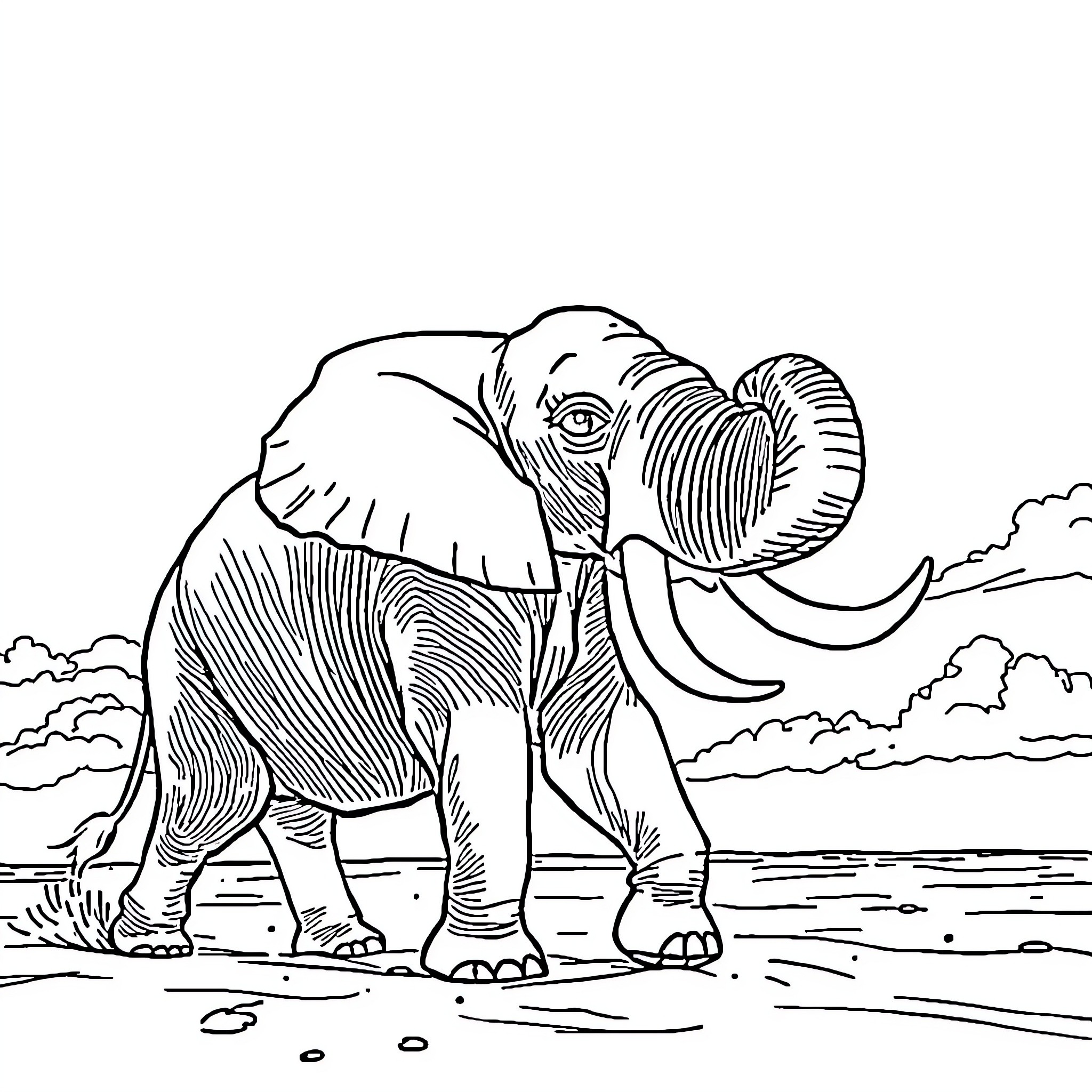 Elephant standing majestically by the river Coloring Page (free black-and-white line drawing printable PDF for all, from beginners to advanced learners, including children, teens, adults, and seniors)