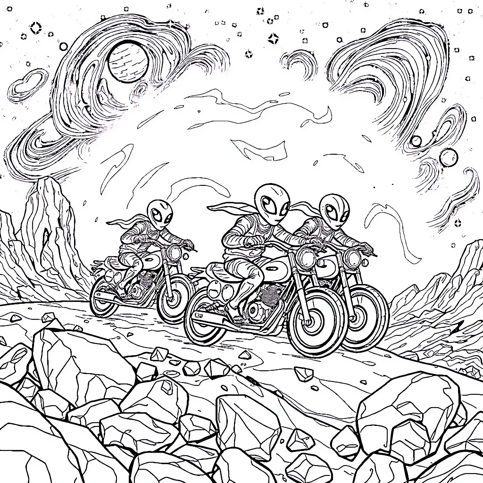 Alien biker gang racing through a cosmic landscape Coloring Page (free black-and-white line drawing printable PDF for all, from beginners to advanced learners, including children, teens, adults, and seniors)