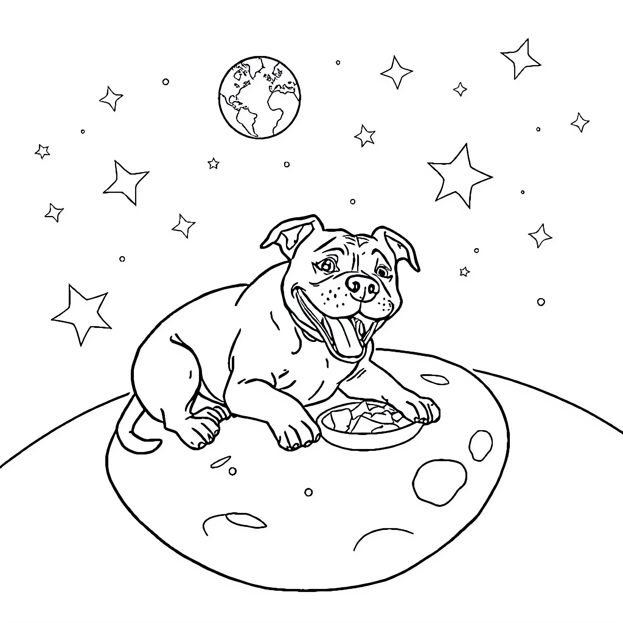 Pitbull enjoying cosmic treats under starry sky Coloring Page (free black-and-white line drawing printable PDF for all, from beginners to advanced learners, including children, teens, adults, and seniors)