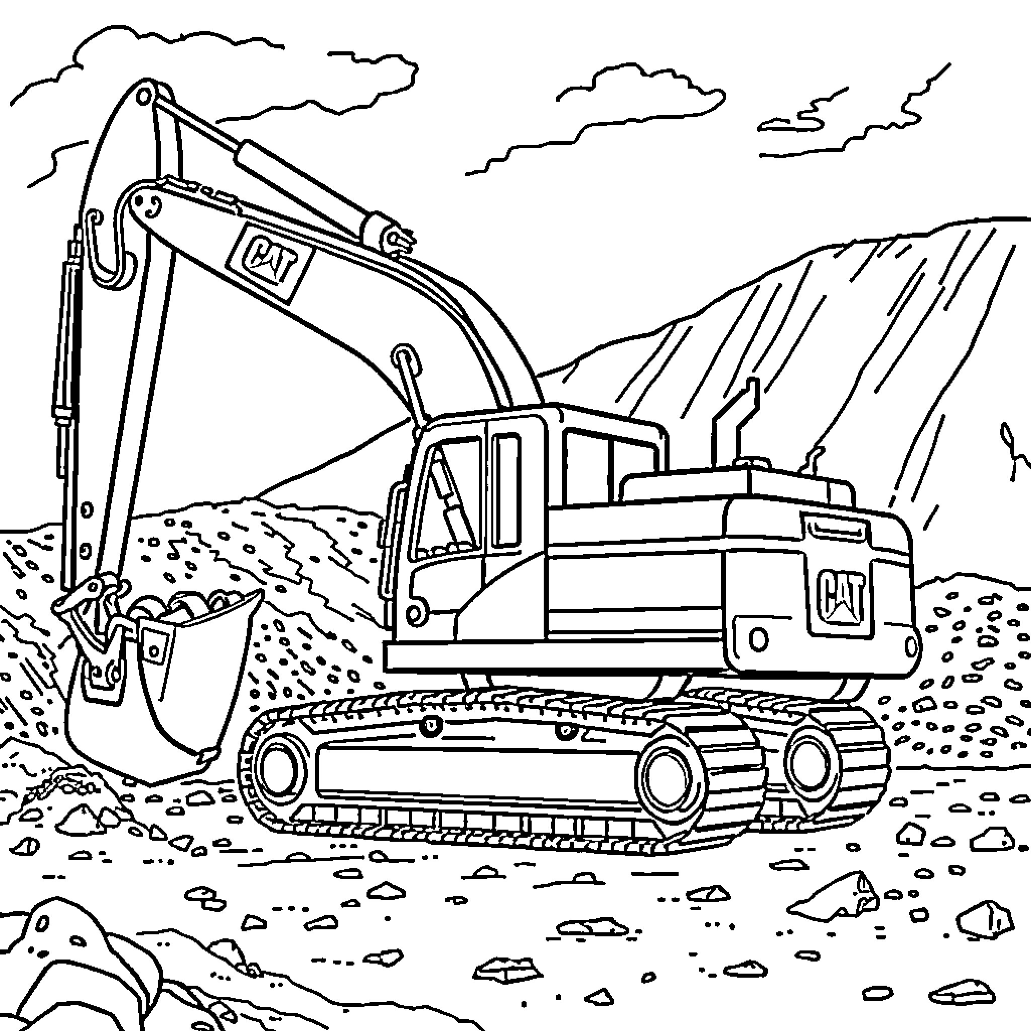 Caterpillar heavy machinery at construction site Coloring Page (free black-and-white line drawing printable PDF for all, from beginners to advanced learners, including children, teens, adults, and seniors)