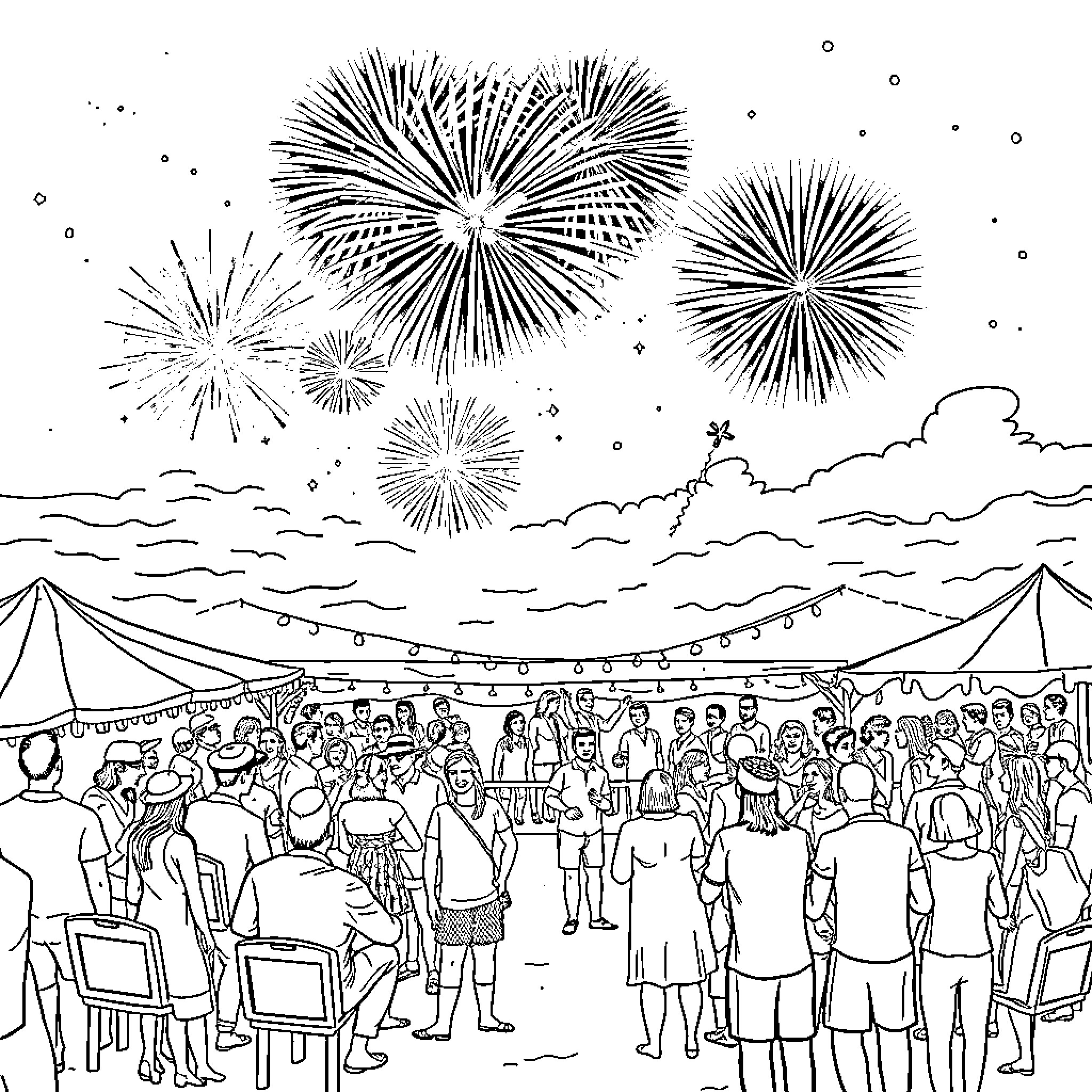 Firework Celebration with Crowd and Festivities Coloring Page (free black-and-white line drawing printable PDF for all, from beginners to advanced learners, including children, teens, adults, and seniors)