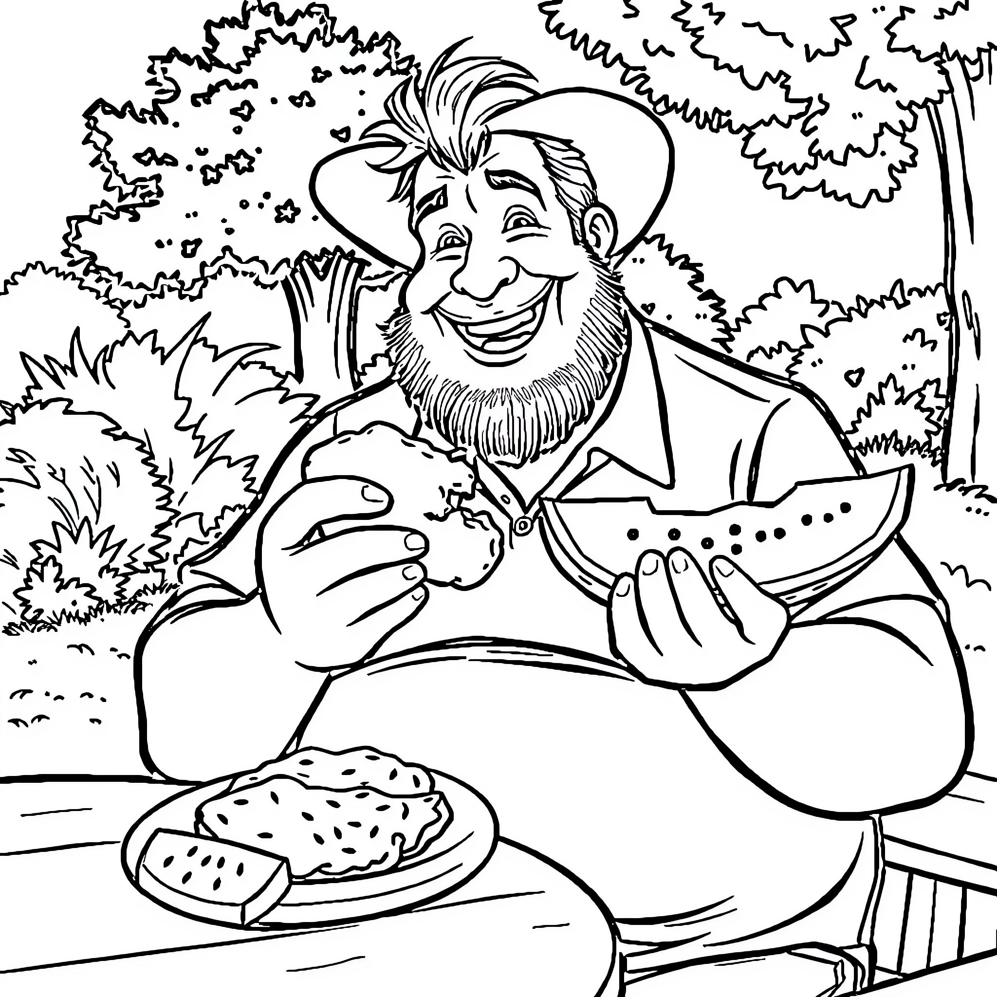 Man enjoying a watermelon picnic in the park Coloring Page (free black-and-white line drawing printable PDF for all, from beginners to advanced learners, including children, teens, adults, and seniors)