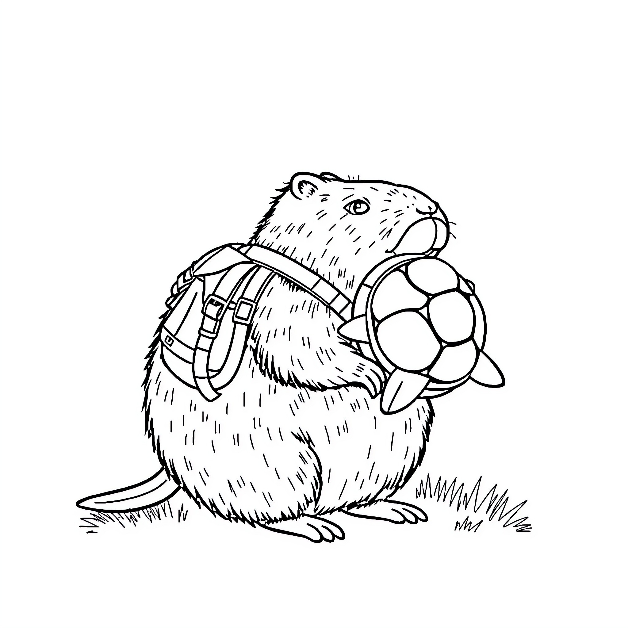 Capybara playing with soccer ball Coloring Page (free black-and-white line drawing printable PDF for all, from beginners to advanced learners, including children, teens, adults, and seniors)