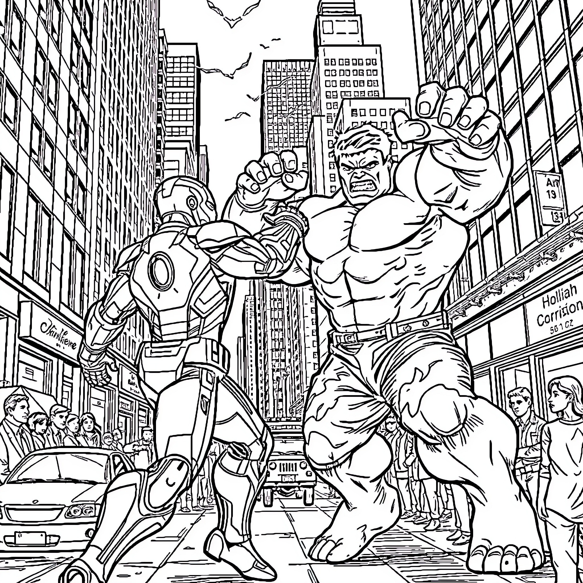 Ironman and Hulk battle in the city streets Coloring Page (free black-and-white line drawing printable PDF for all, from beginners to advanced learners, including children, teens, adults, and seniors)