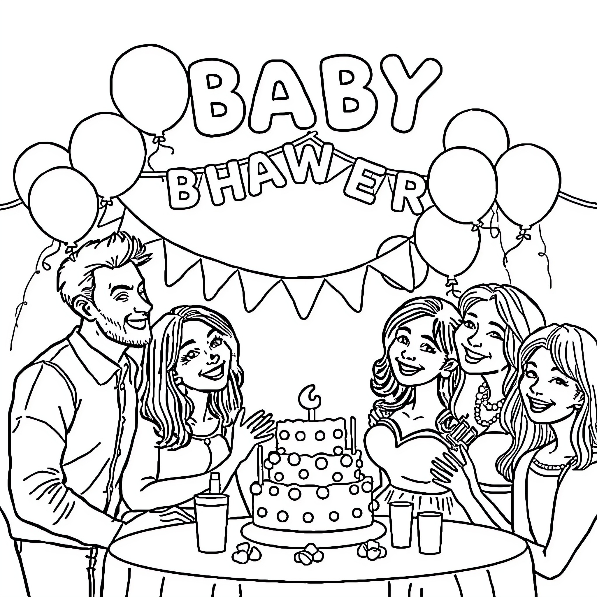 Baby Shower Celebration with Family and Friends Coloring Page (free black-and-white line drawing printable PDF for all, from beginners to advanced learners, including children, teens, adults, and seniors)