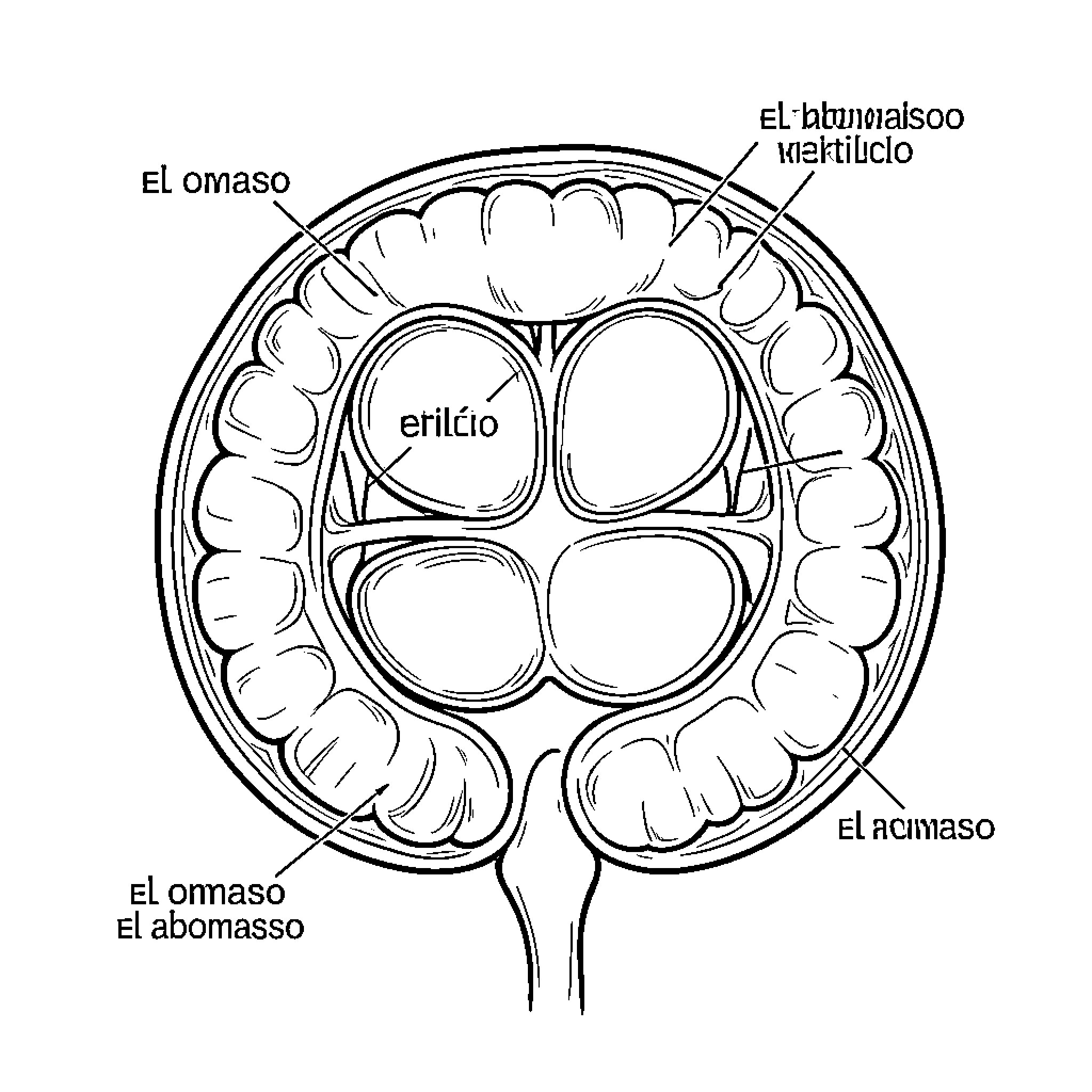 Bovino anatomy showing the different compartments of the stomach Coloring Page (free black-and-white line drawing printable PDF for all, from beginners to advanced learners, including children, teens, adults, and seniors)