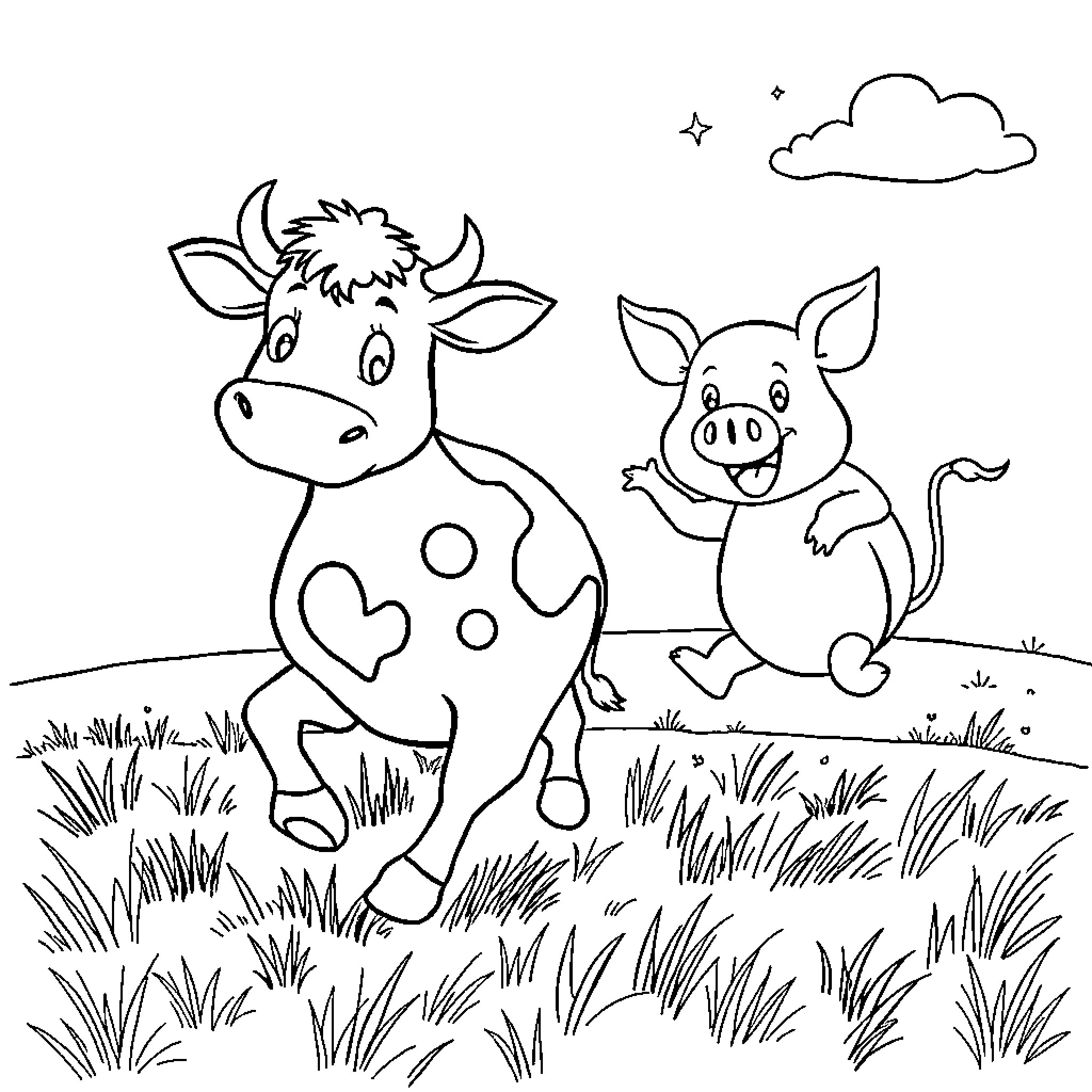 Cow and Pig Playing in the Countryside Coloring Page (free black-and-white line drawing printable PDF for all, from beginners to advanced learners, including children, teens, adults, and seniors)