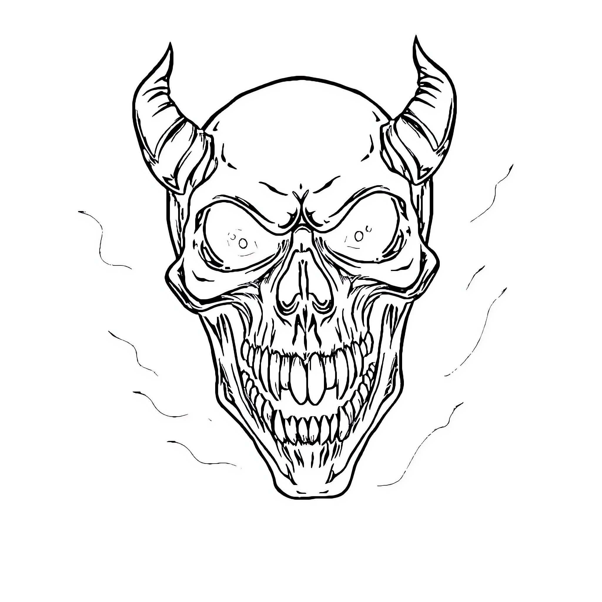 Skull with demonic horns and sinister expression Coloring Page (free black-and-white line drawing printable PDF for all, from beginners to advanced learners, including children, teens, adults, and seniors)