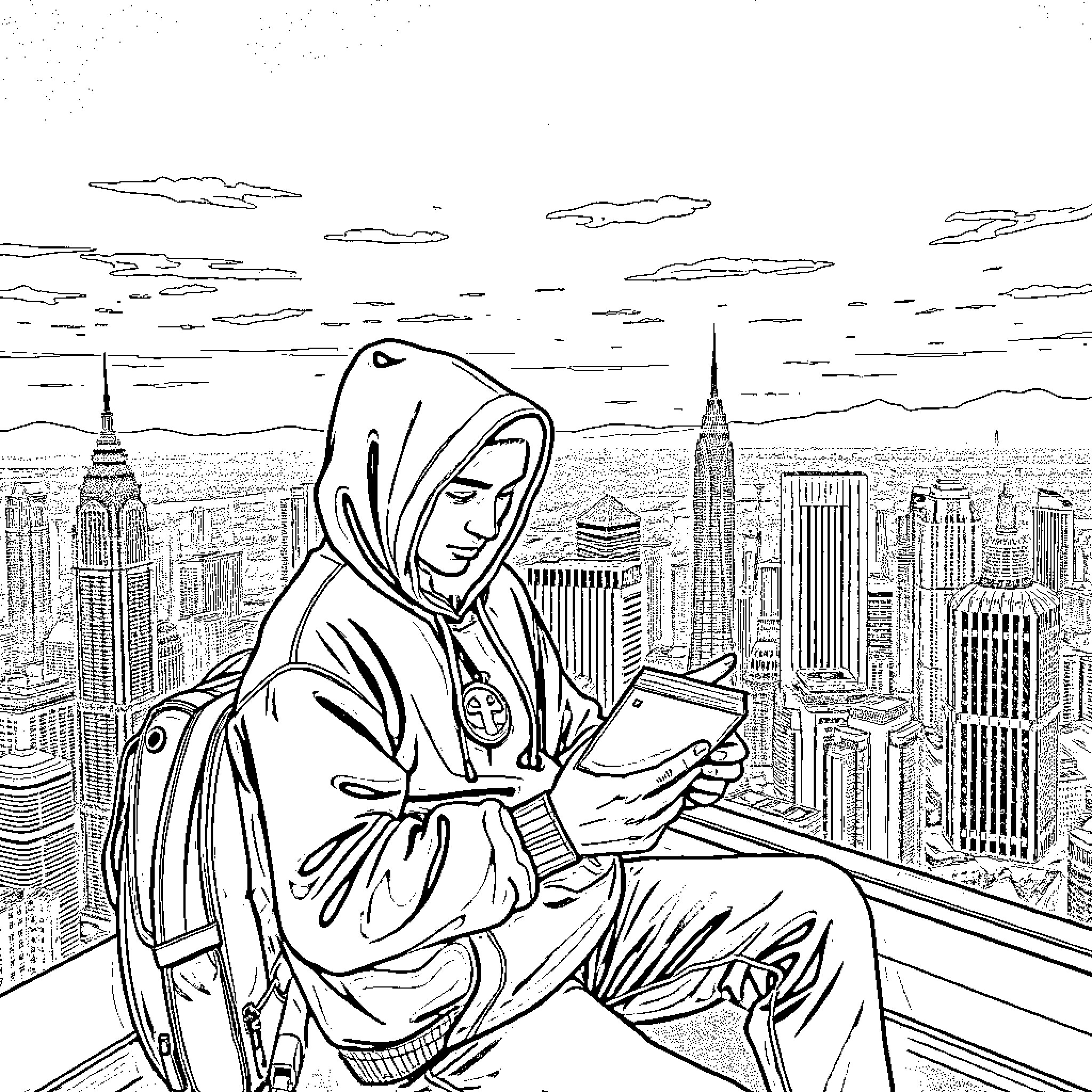 Beruang enjoys peaceful moment atop city skyline Coloring Page (free black-and-white line drawing printable PDF for all, from beginners to advanced learners, including children, teens, adults, and seniors)