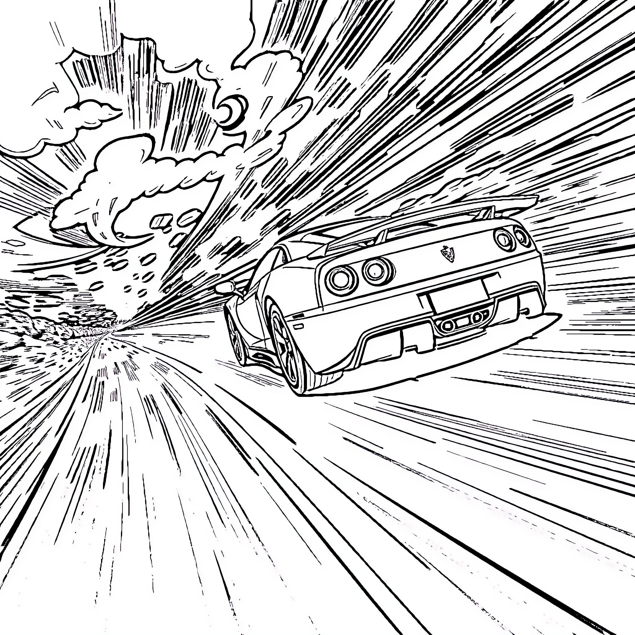 Car speeding through explosive scene Coloring Page (free black-and-white line drawing printable PDF for all, from beginners to advanced learners, including children, teens, adults, and seniors)