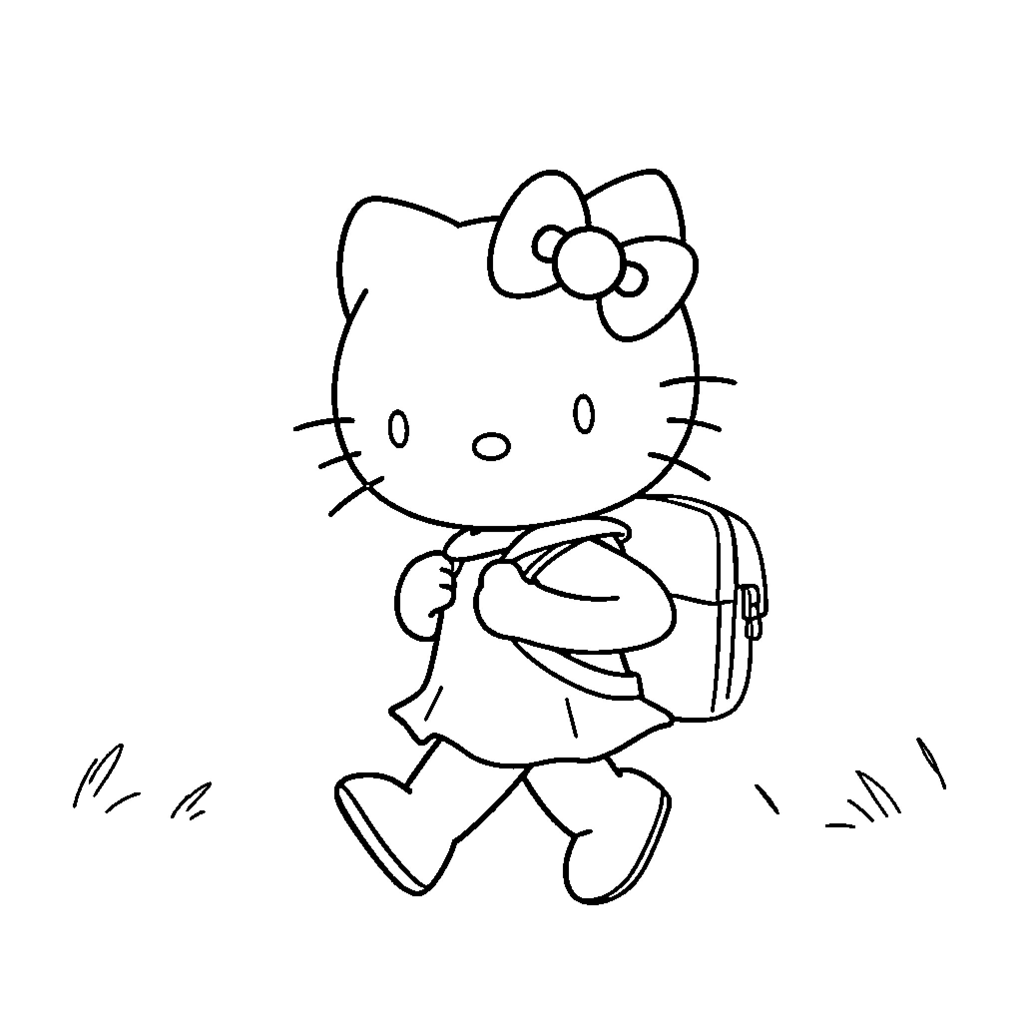 Hello Kitty going to school with backpack Coloring Page (free black-and-white line drawing printable PDF for all, from beginners to advanced learners, including children, teens, adults, and seniors)