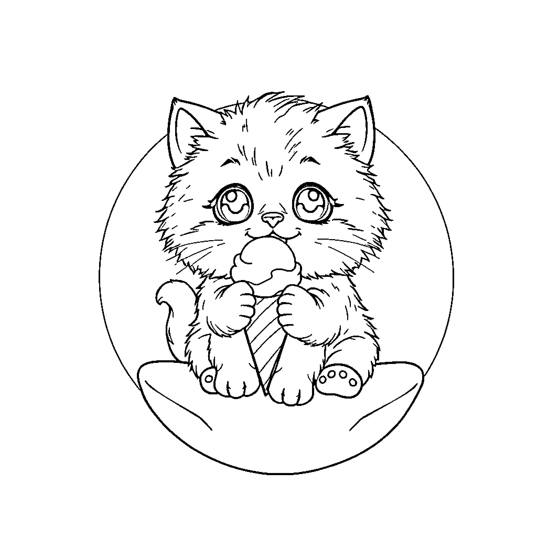 Cat in a cozy oval frame Coloring Page (free black-and-white line drawing printable PDF for all, from beginners to advanced learners, including children, teens, adults, and seniors)