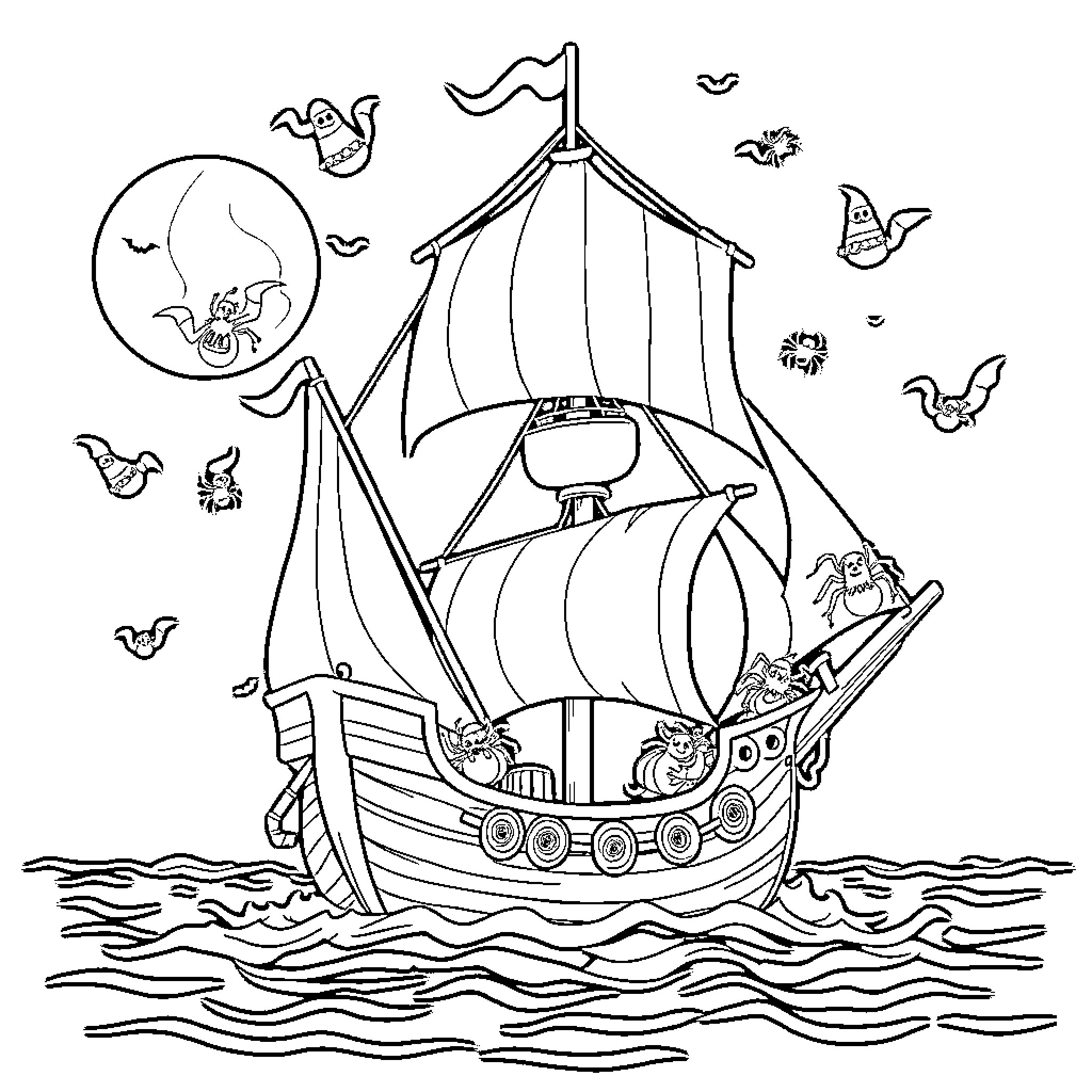 Pirate Ship Sailing on the High Seas Coloring Page (free black-and-white line drawing printable PDF for all, from beginners to advanced learners, including children, teens, adults, and seniors)