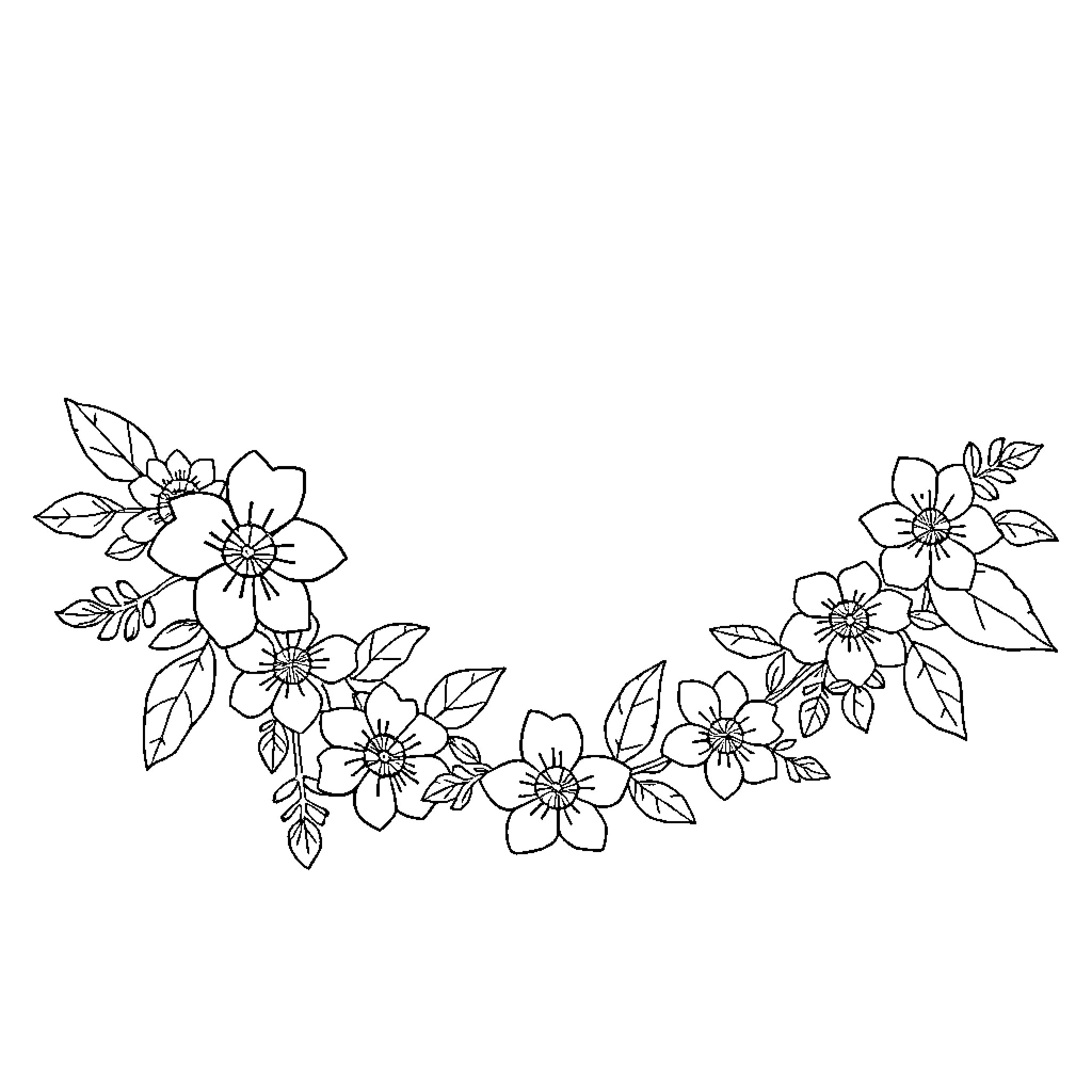 Garland of Elegant Floral Blooms Coloring Page (free black-and-white line drawing printable PDF for all, from beginners to advanced learners, including children, teens, adults, and seniors)