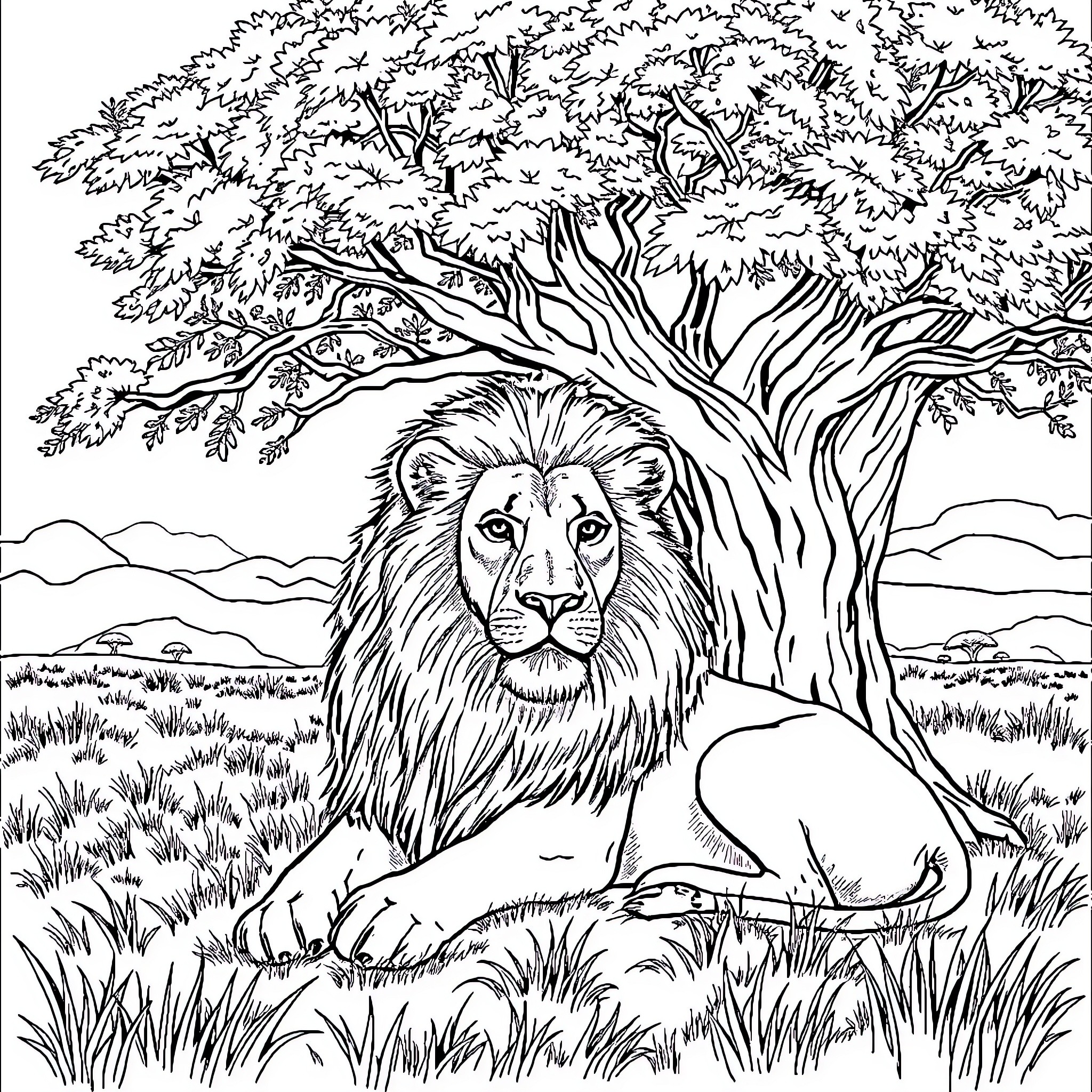 Lion resting in the serene natural landscape Coloring Page (free black-and-white line drawing printable PDF for all, from beginners to advanced learners, including children, teens, adults, and seniors)