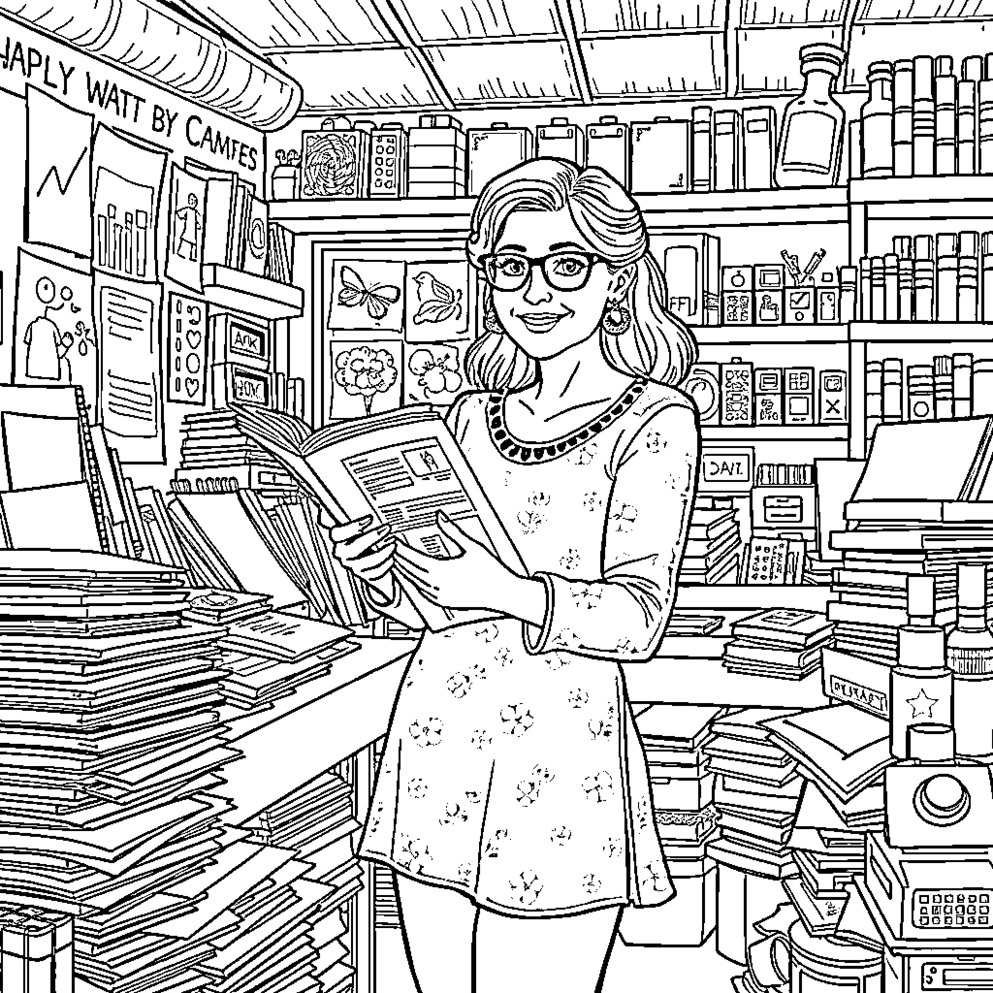 Craft Lady Browsing Through Shelves of Colorful Supplies Coloring Page (free black-and-white line drawing printable PDF for all, from beginners to advanced learners, including children, teens, adults, and seniors)