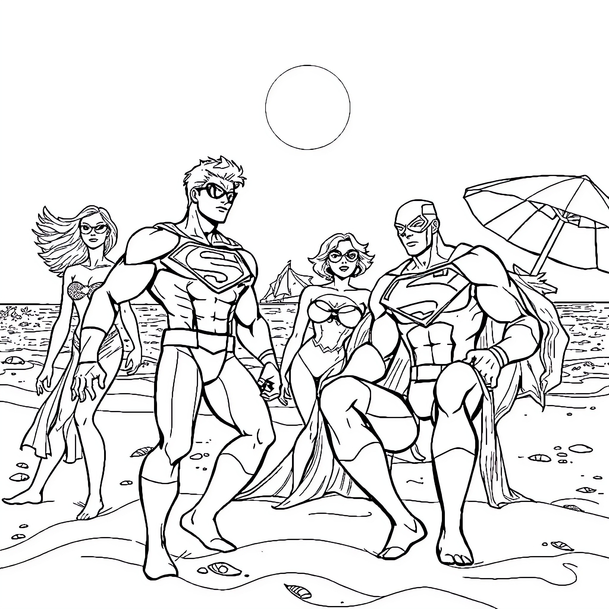 Superhero team enjoying a day at the beach Coloring Page (free black-and-white line drawing printable PDF for all, from beginners to advanced learners, including children, teens, adults, and seniors)