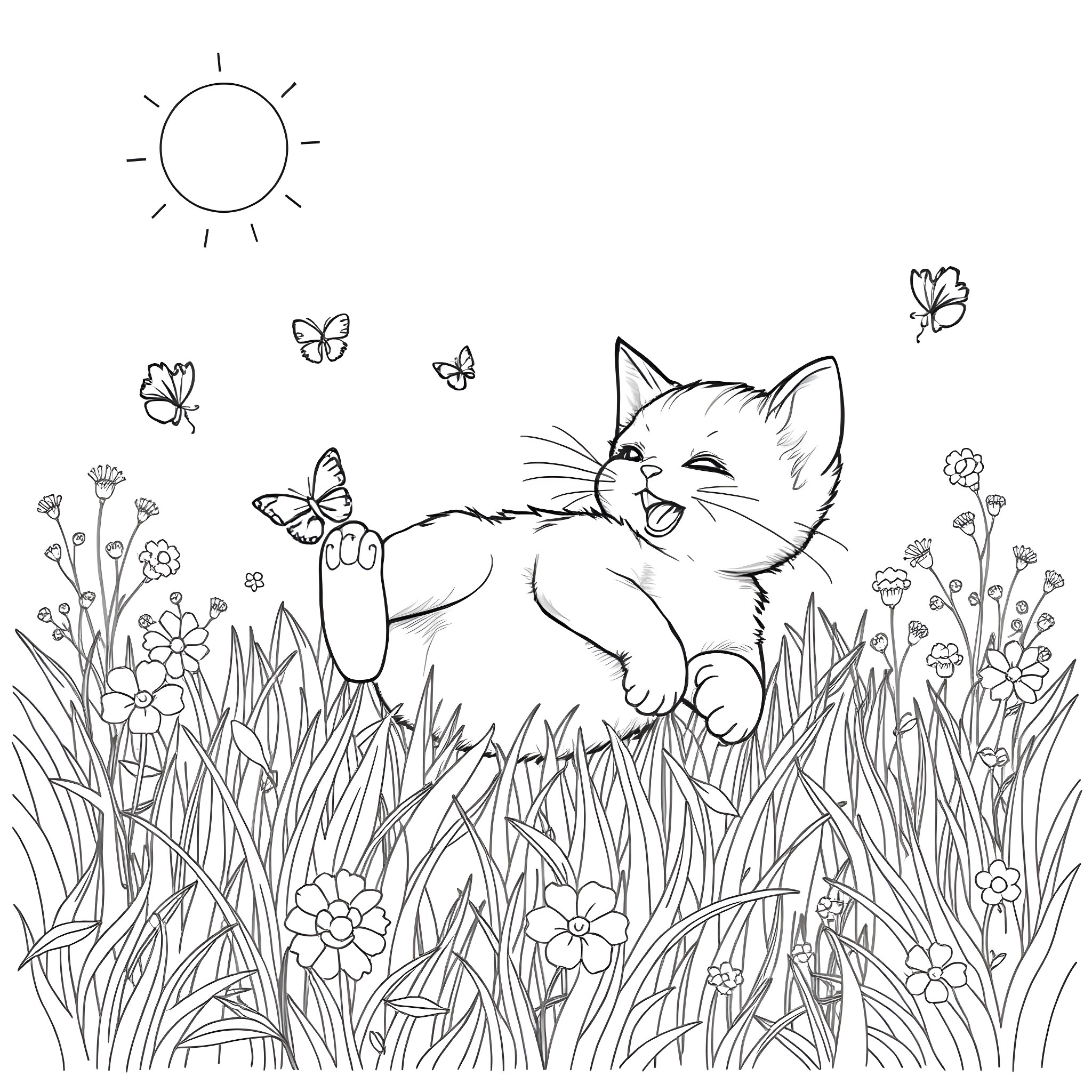 Kitten playing joyfully in a field of flowers Coloring Page (free black-and-white line drawing printable PDF for all, from beginners to advanced learners, including children, teens, adults, and seniors)