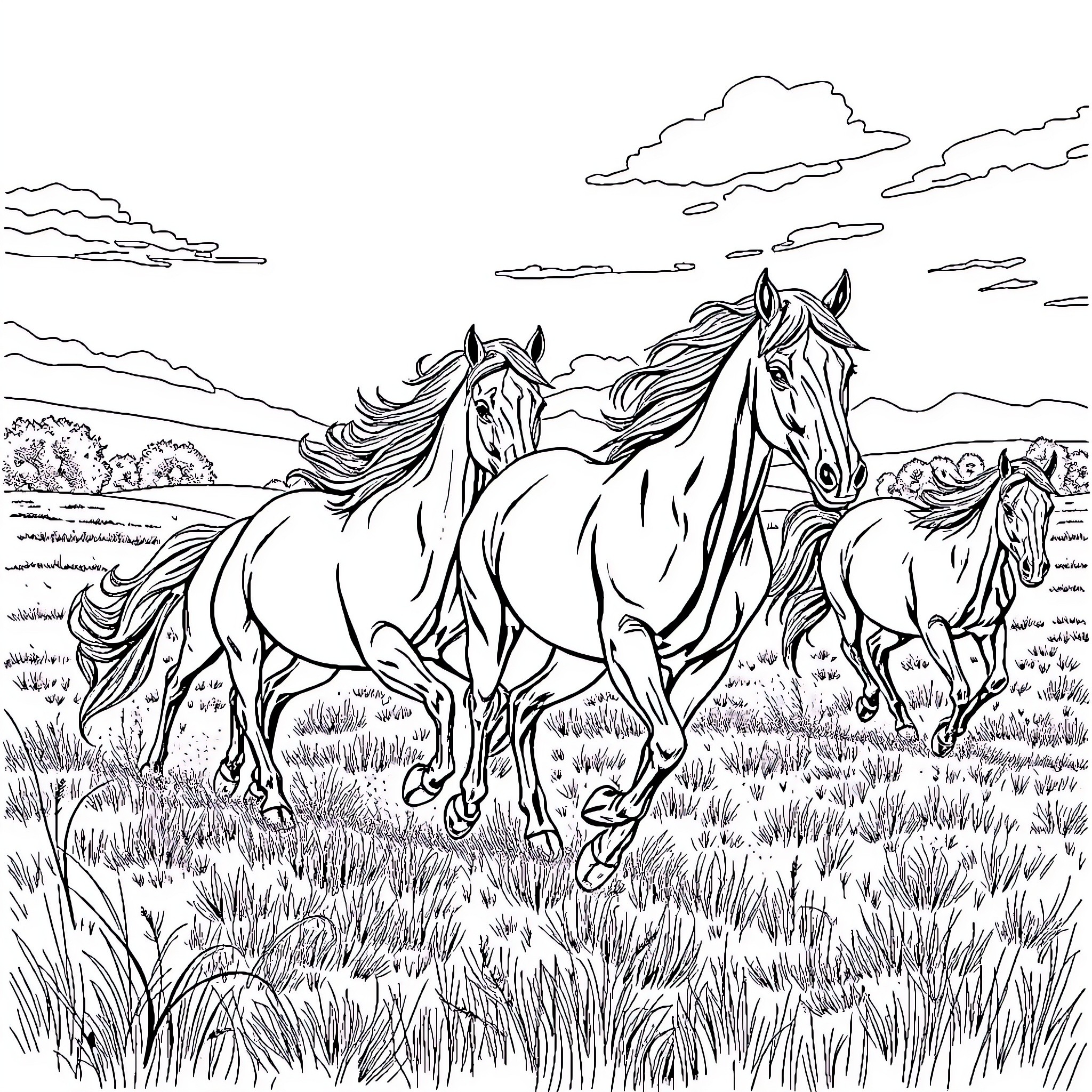 Horse herd galloping through the open field Coloring Page (free black-and-white line drawing printable PDF for all, from beginners to advanced learners, including children, teens, adults, and seniors)