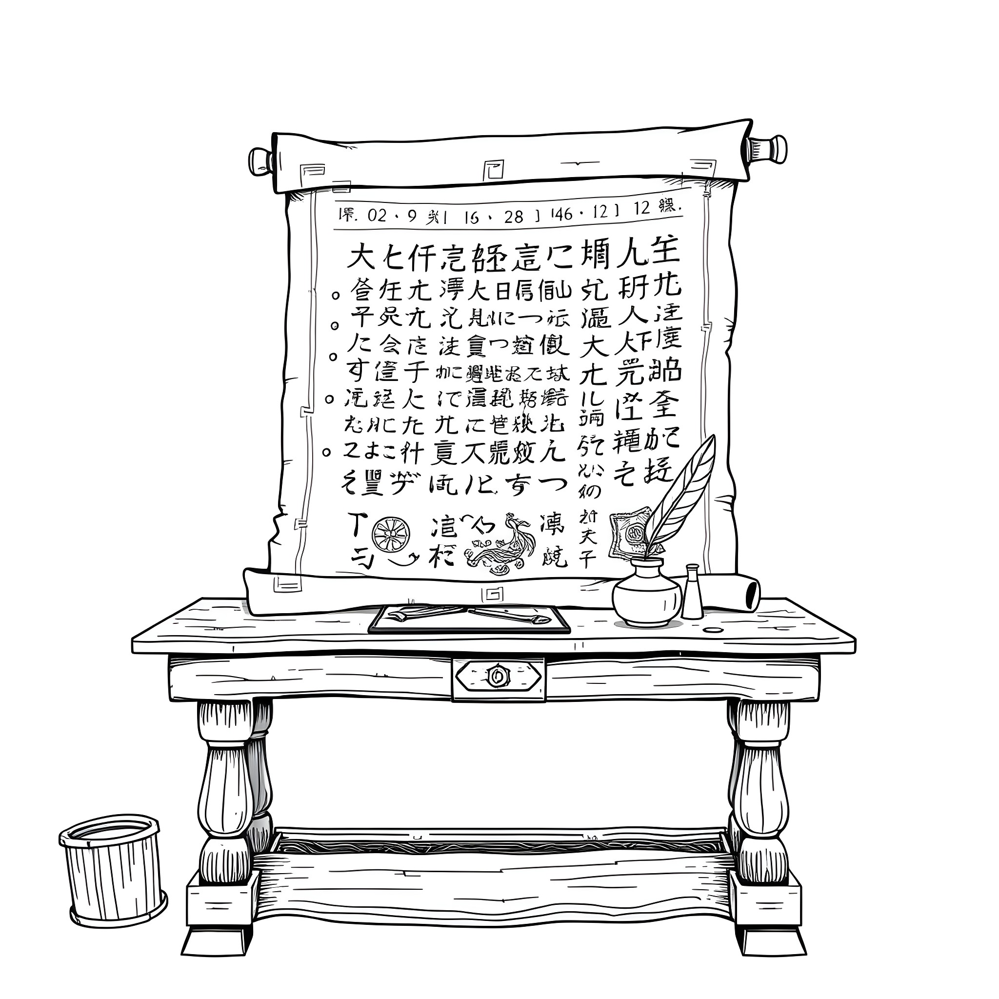 Scroll of Chinese calligraphy and symbols on desk Coloring Page (free black-and-white line drawing printable PDF for all, from beginners to advanced learners, including children, teens, adults, and seniors)