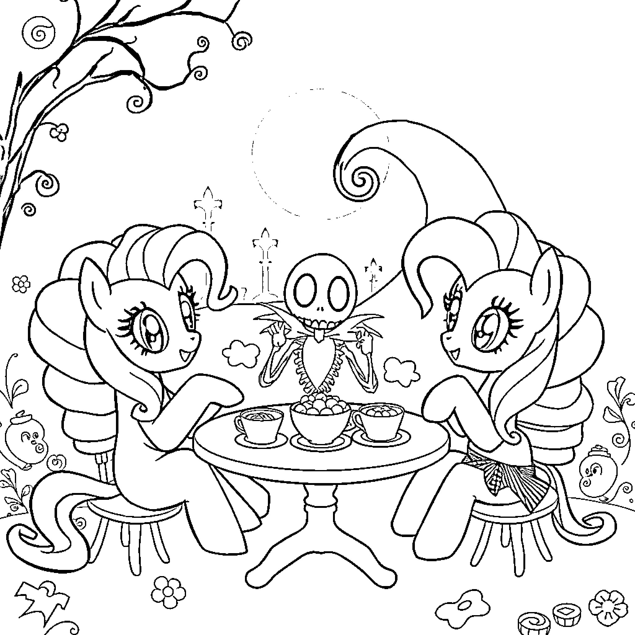 Pony tea party in a whimsical garden Coloring Page (free black-and-white line drawing printable PDF for all, from beginners to advanced learners, including children, teens, adults, and seniors)