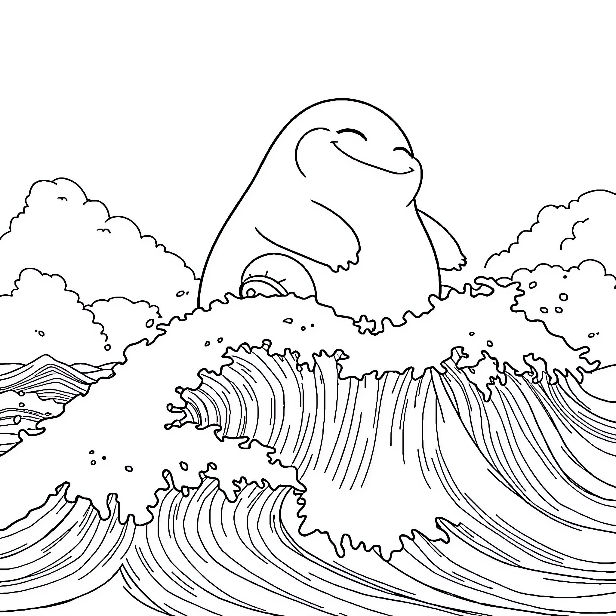 Snorlax sleeping peacefully by the crashing waves Coloring Page (free black-and-white line drawing printable PDF for all, from beginners to advanced learners, including children, teens, adults, and seniors)