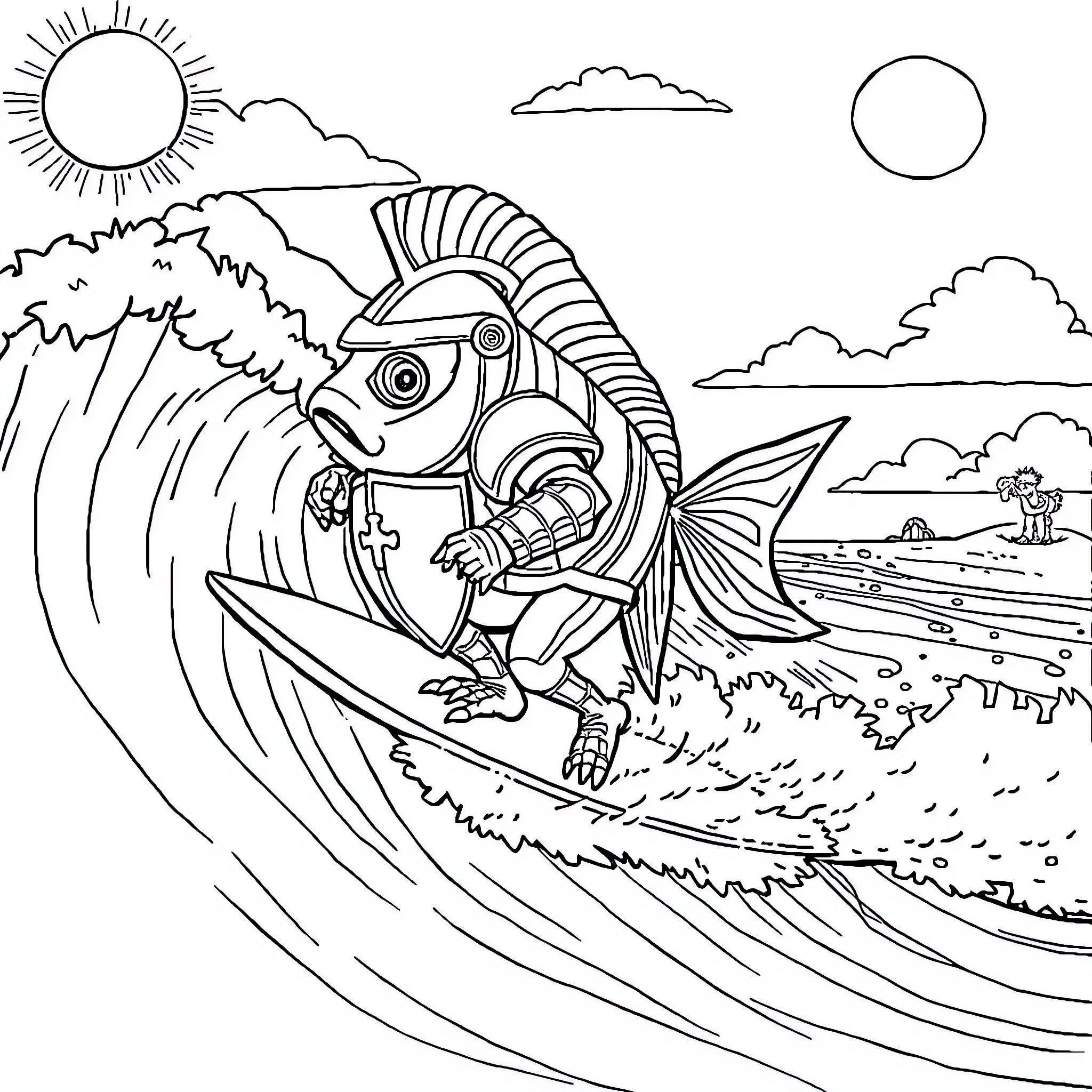 Fish Riding the Waves Coloring Page (free black-and-white line drawing printable PDF for all, from beginners to advanced learners, including children, teens, adults, and seniors)