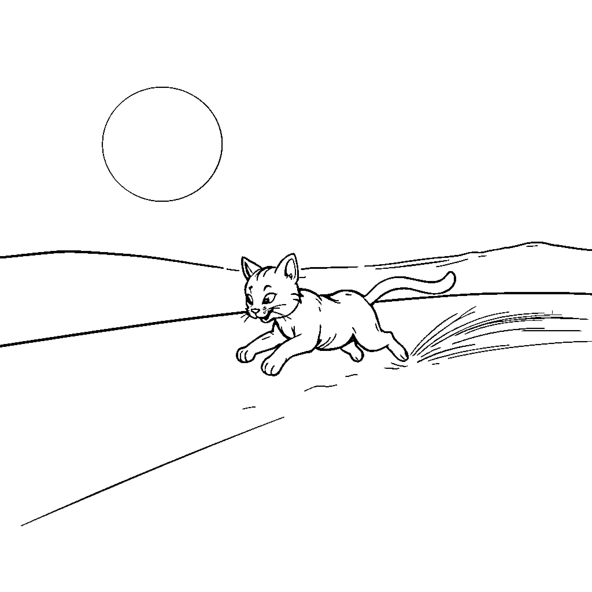 Cat exploring the landscape under the moon Coloring Page (free black-and-white line drawing printable PDF for all, from beginners to advanced learners, including children, teens, adults, and seniors)