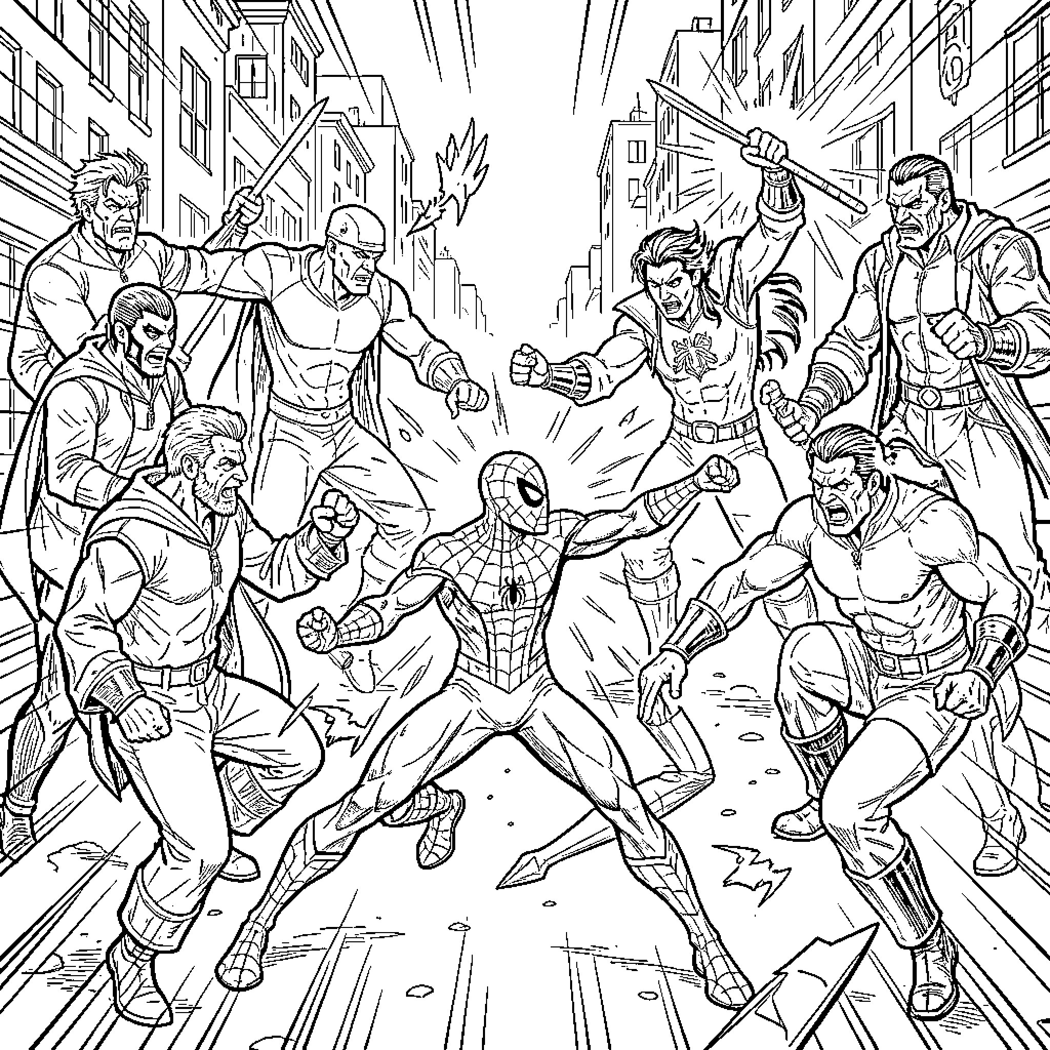 Spiderman fighting multiple villains in a city street Coloring Page (free black-and-white line drawing printable PDF for all, from beginners to advanced learners, including children, teens, adults, and seniors)