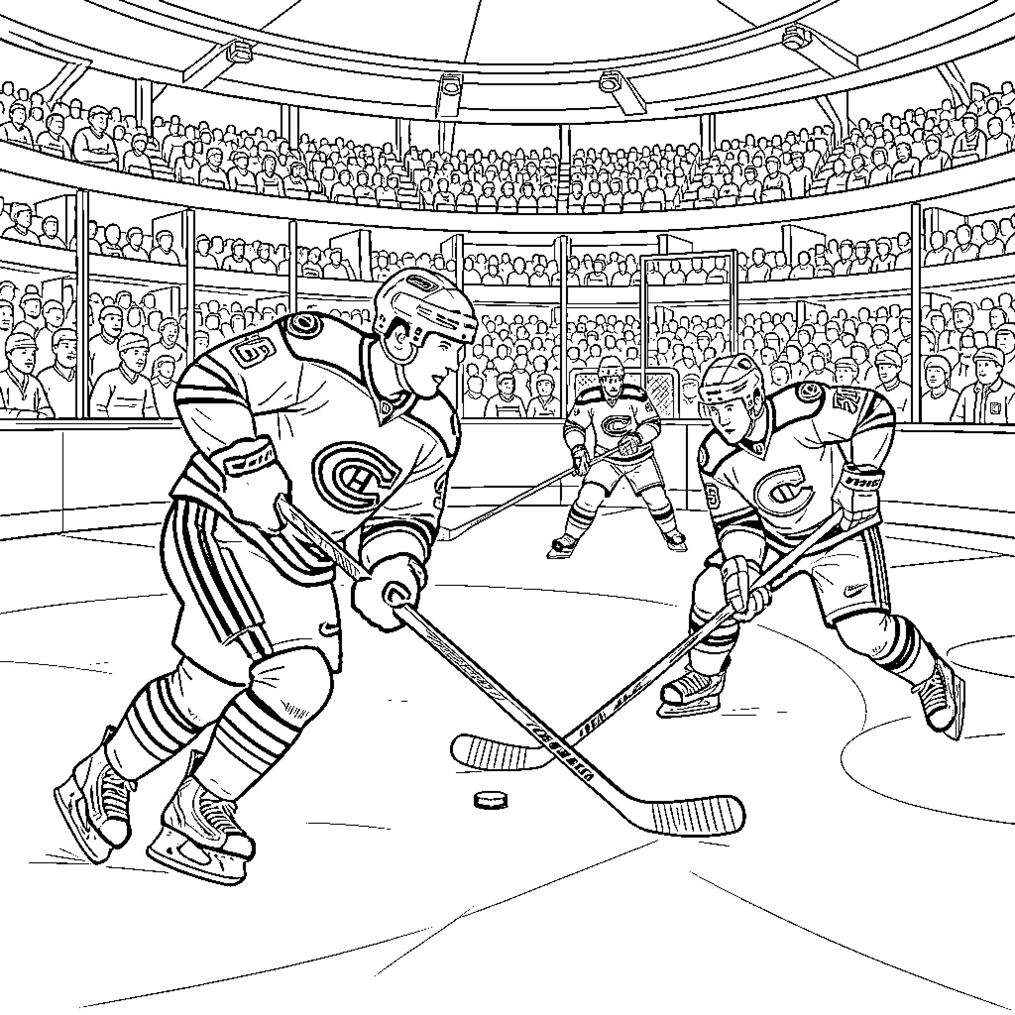 Montreal Canadiens players in an intense hockey game Coloring Page (free black-and-white line drawing printable PDF for all, from beginners to advanced learners, including children, teens, adults, and seniors)