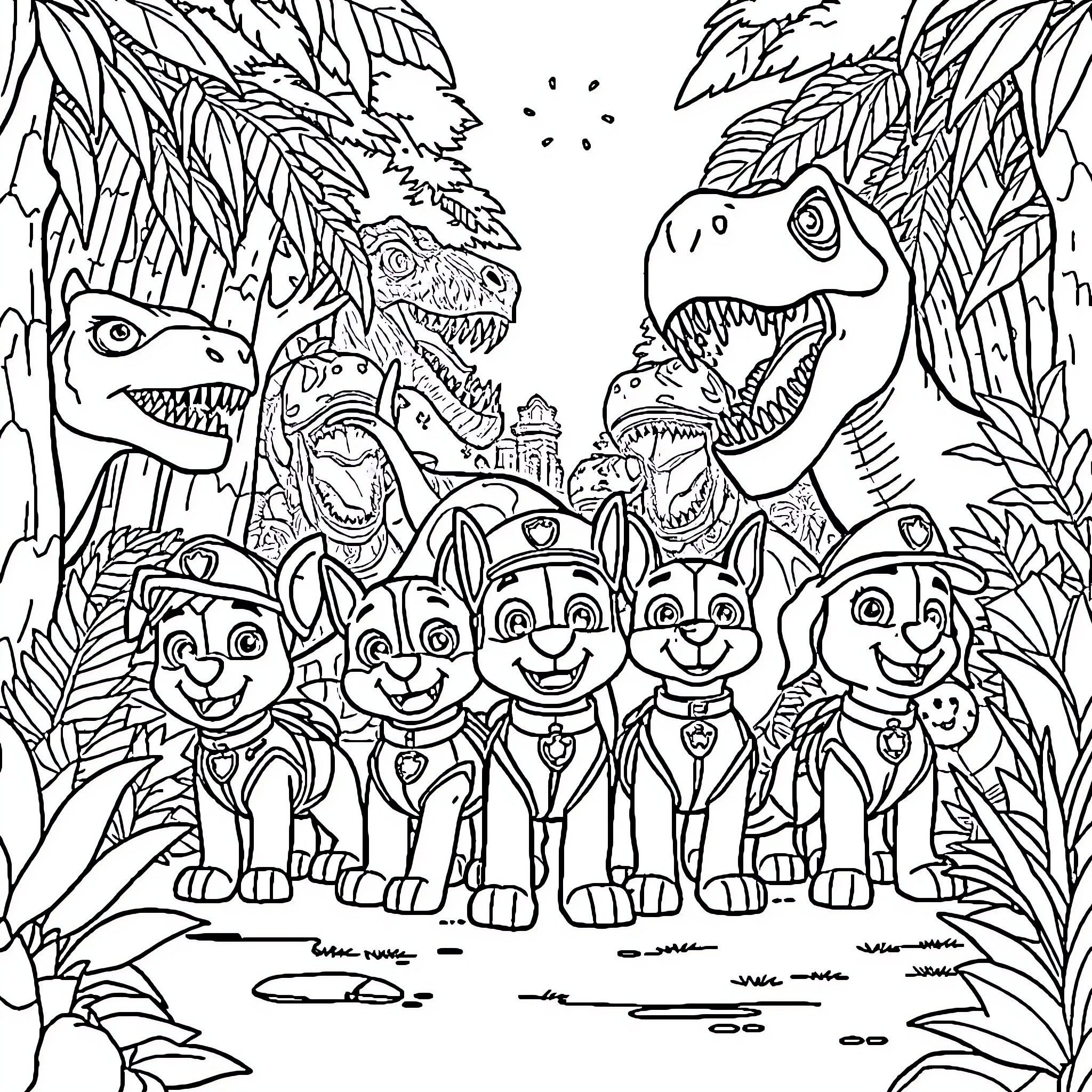 Paw Patrol characters on an adventure in the jungle Coloring Page (free black-and-white line drawing printable PDF for all, from beginners to advanced learners, including children, teens, adults, and seniors)