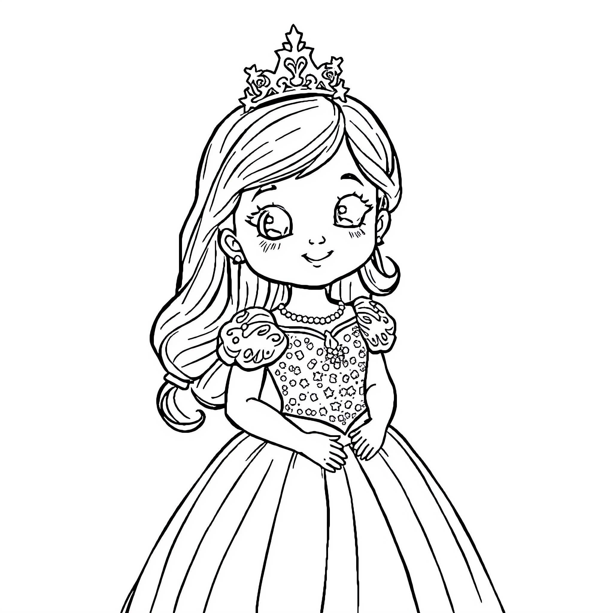 Princess in a Whimsical Dress Coloring Page (free black-and-white line drawing printable PDF for all, from beginners to advanced learners, including children, teens, adults, and seniors)