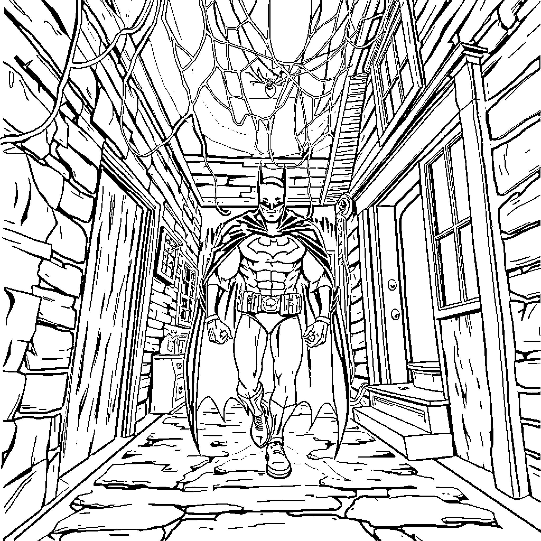 Batman Stalking Through Grim City Alleyway Coloring Page (free black-and-white line drawing printable PDF for all, from beginners to advanced learners, including children, teens, adults, and seniors)