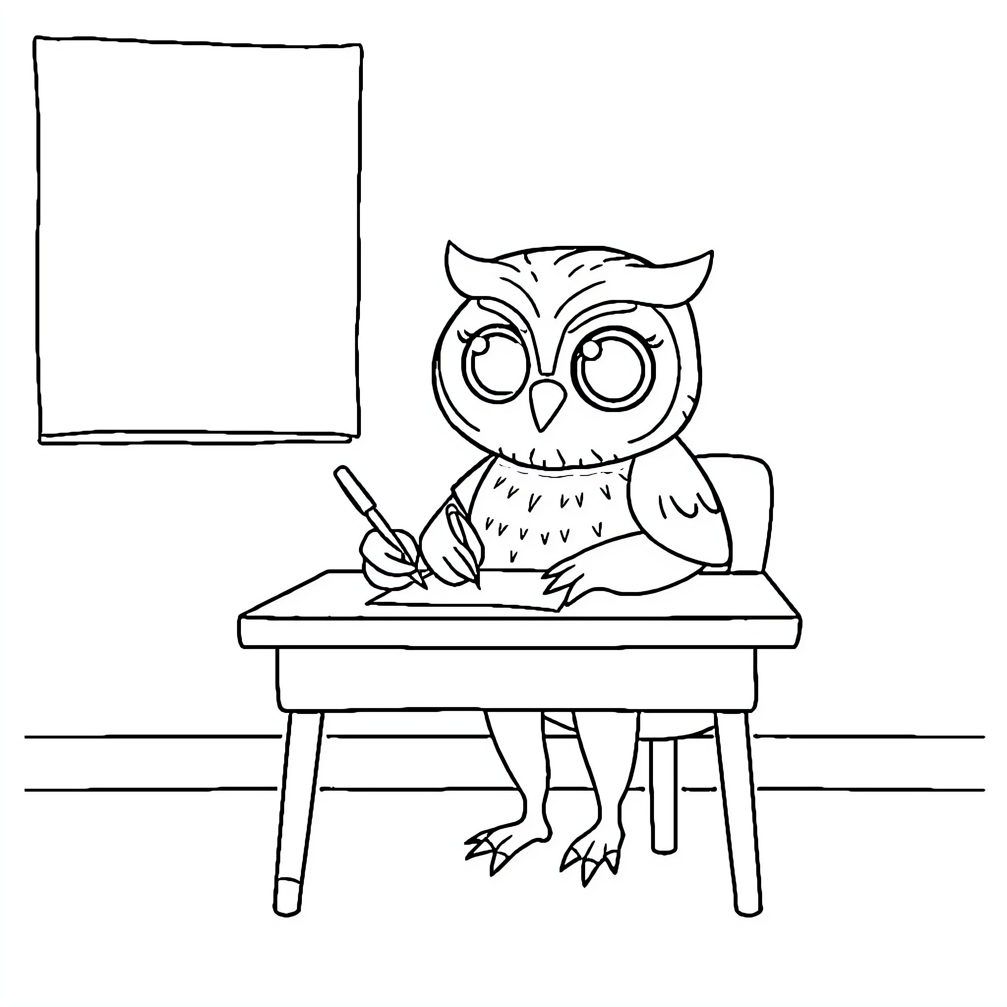 Owl writing at a desk Coloring Page (free black-and-white line drawing printable PDF for all, from beginners to advanced learners, including children, teens, adults, and seniors)