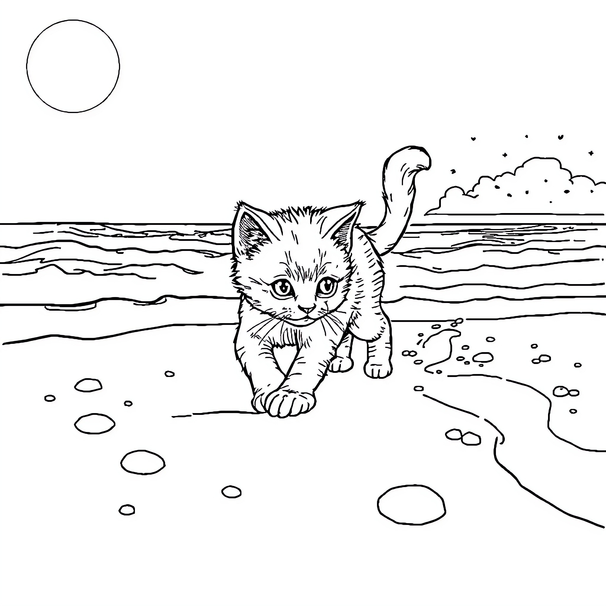Kitten exploring the seashore Coloring Page (free black-and-white line drawing printable PDF for all, from beginners to advanced learners, including children, teens, adults, and seniors)