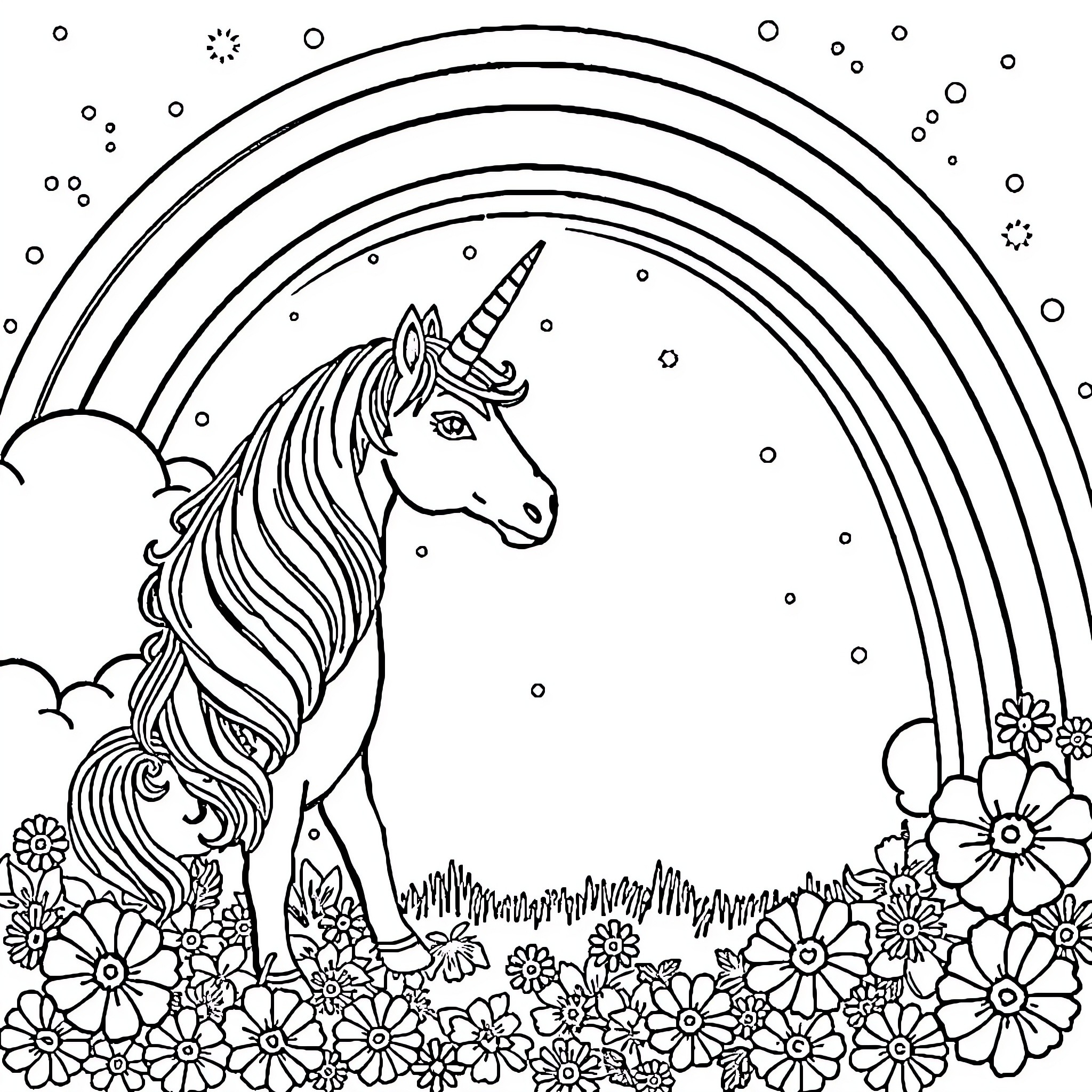 Unicorn standing amidst vibrant flowers and rainbow Coloring Page (free black-and-white line drawing printable PDF for all, from beginners to advanced learners, including children, teens, adults, and seniors)