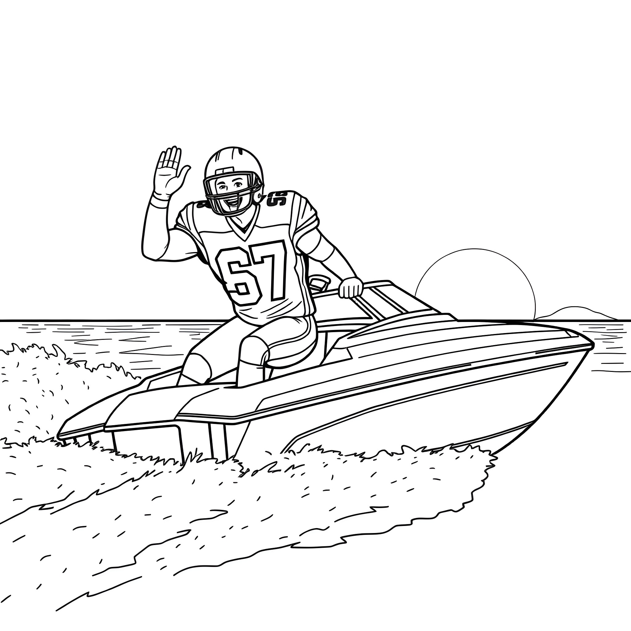 Football Player Riding a Jet Ski in Action Coloring Page (free black-and-white line drawing printable PDF for all, from beginners to advanced learners, including children, teens, adults, and seniors)