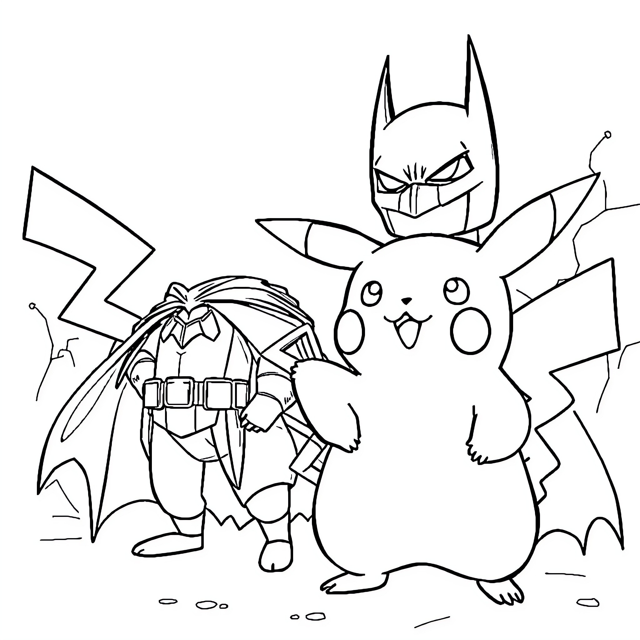 Pikachu and Batman-Inspired Creature in Adventure Coloring Page (free black-and-white line drawing printable PDF for all, from beginners to advanced learners, including children, teens, adults, and seniors)
