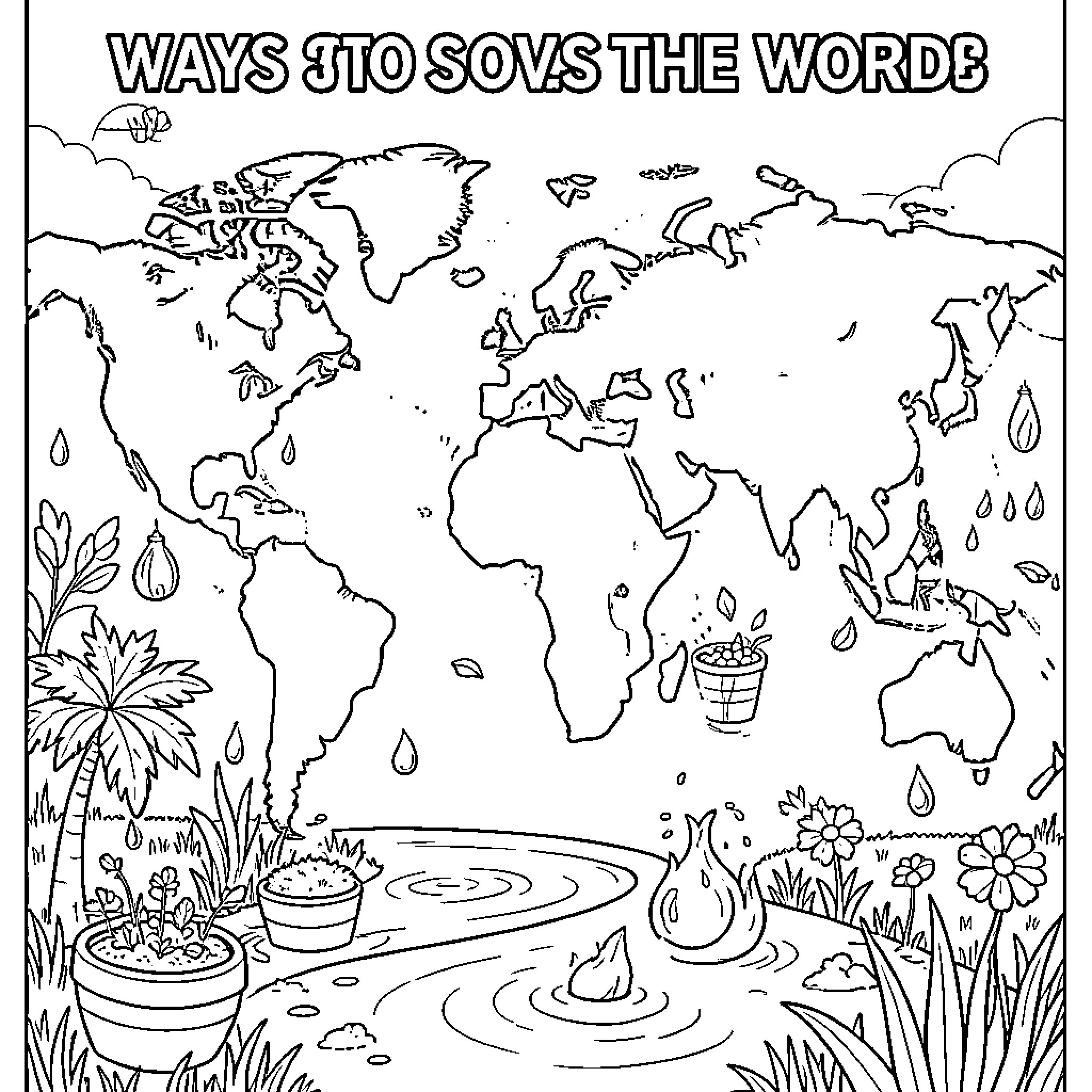 Water droplets falling over a world map scene Coloring Page (free black-and-white line drawing printable PDF for all, from beginners to advanced learners, including children, teens, adults, and seniors)
