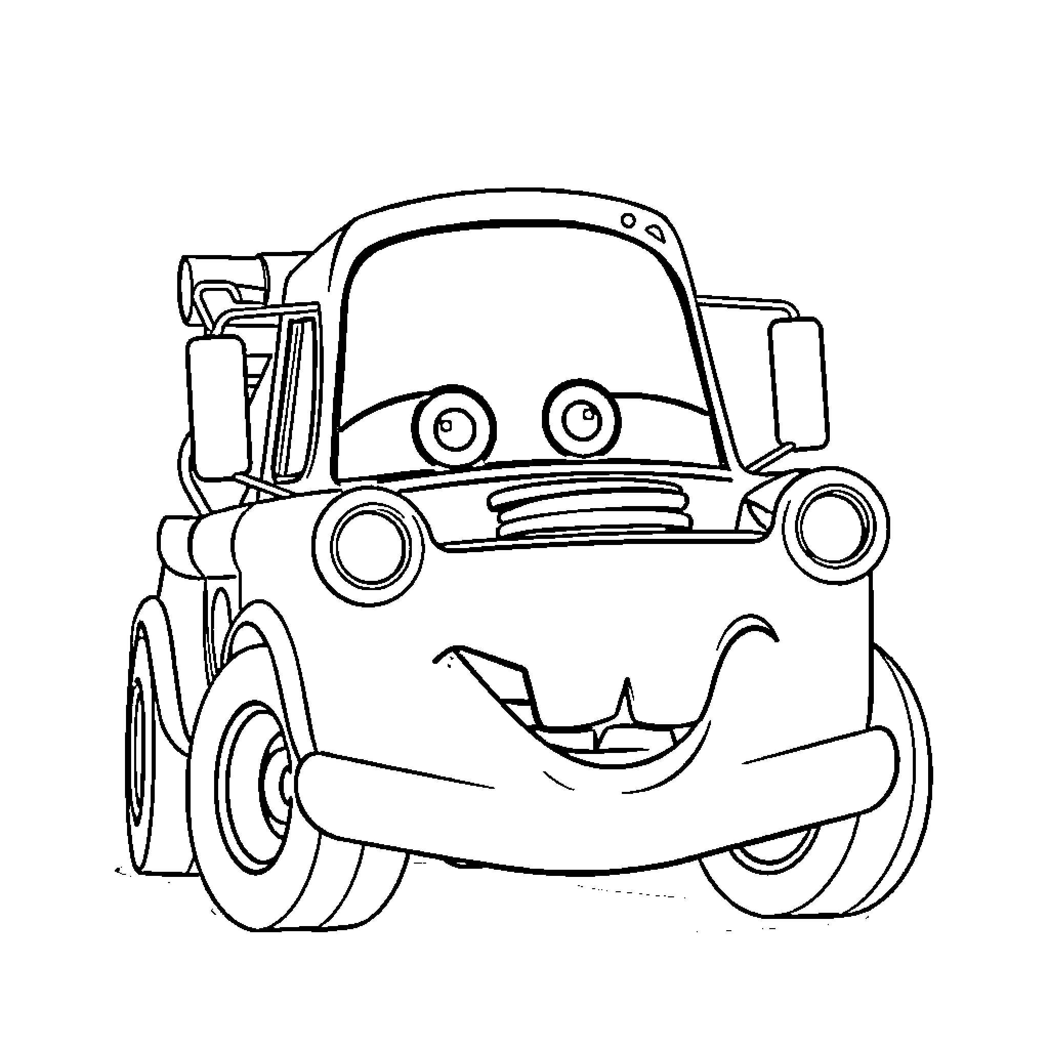 Tow Mater in a fun and friendly pose Coloring Page (free black-and-white line drawing printable PDF for all, from beginners to advanced learners, including children, teens, adults, and seniors)