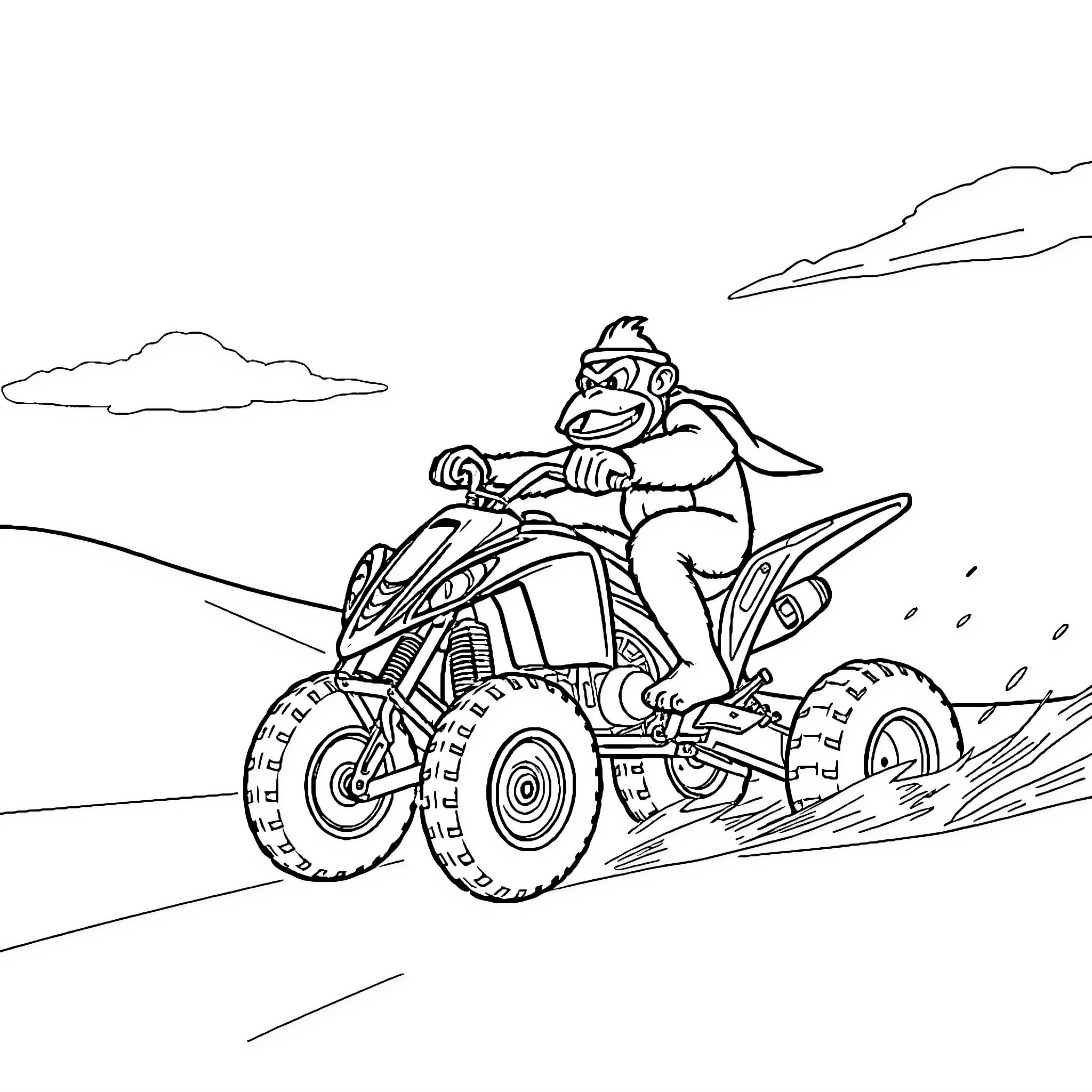 Donkey Kong racing on an all-terrain quad bike Coloring Page (free black-and-white line drawing printable PDF for all, from beginners to advanced learners, including children, teens, adults, and seniors)