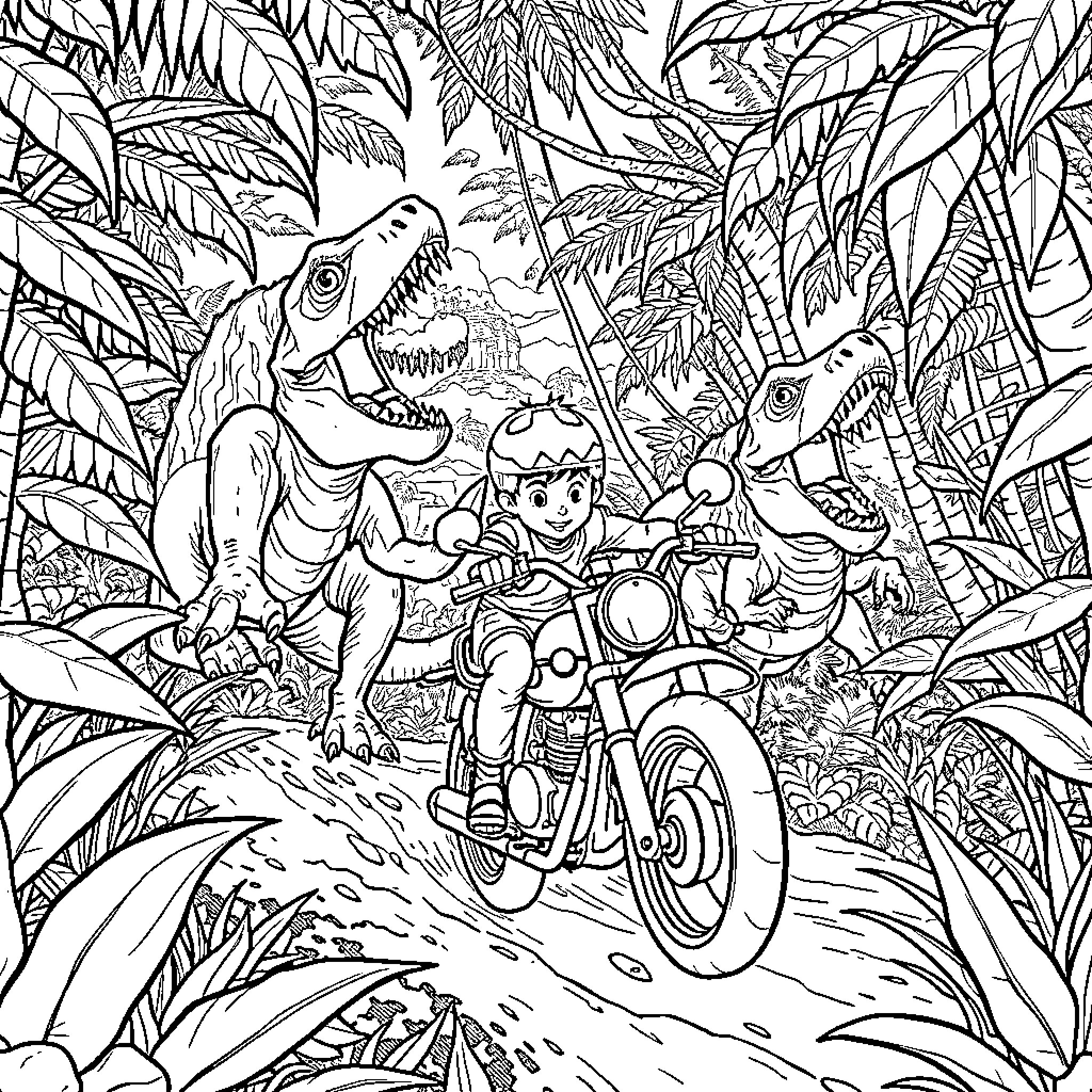 Dinosaur adventure on a motorcycle in the jungle Coloring Page (free black-and-white line drawing printable PDF for all, from beginners to advanced learners, including children, teens, adults, and seniors)
