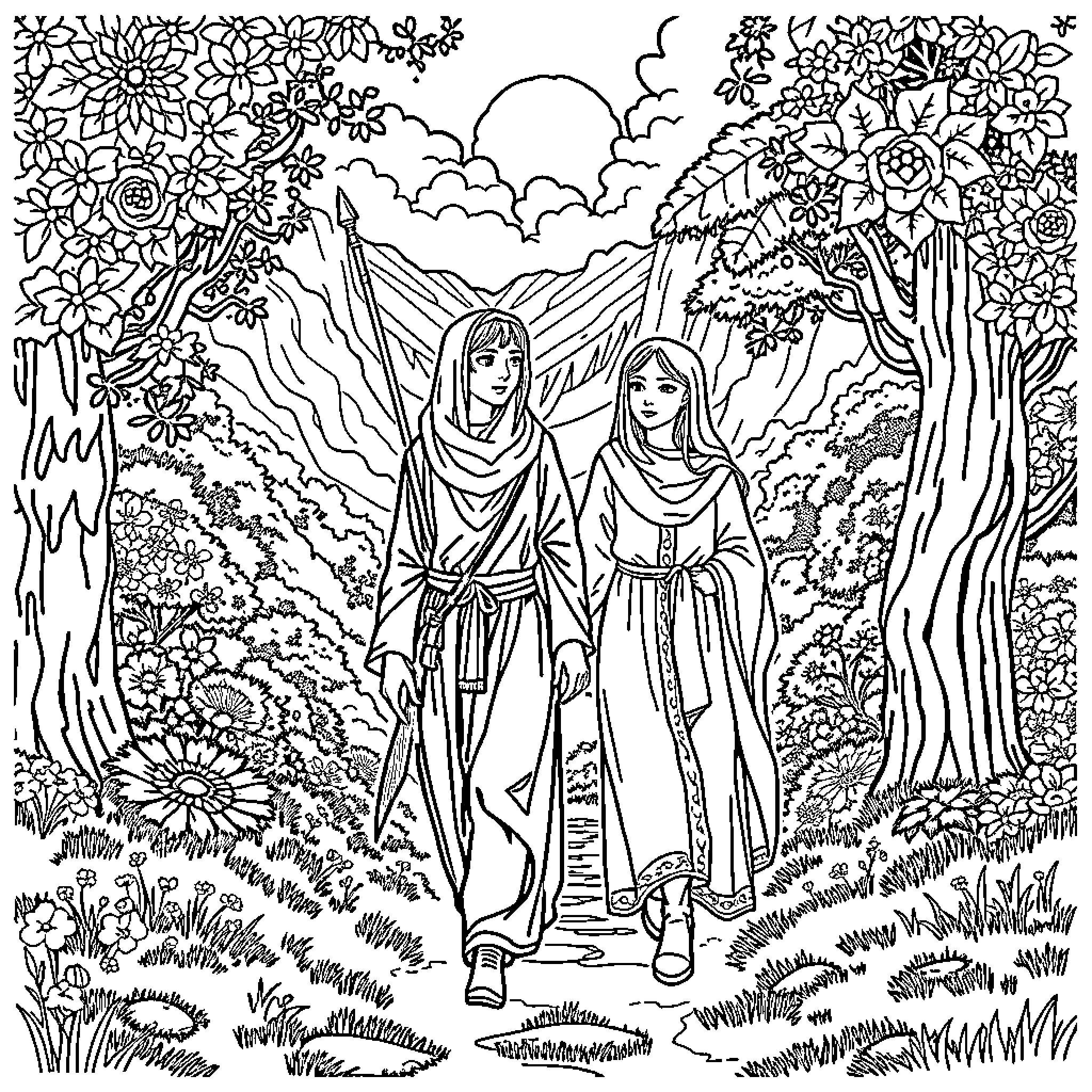 Mira's Enchanted Journey through the Flower-Filled Landscape Coloring Page (free black-and-white line drawing printable PDF for all, from beginners to advanced learners, including children, teens, adults, and seniors)