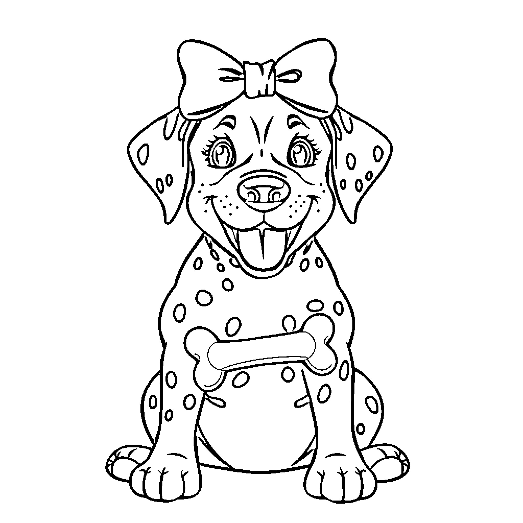 Dalmatian dog with bow tie posing happily Coloring Page (free black-and-white line drawing printable PDF for all, from beginners to advanced learners, including children, teens, adults, and seniors)