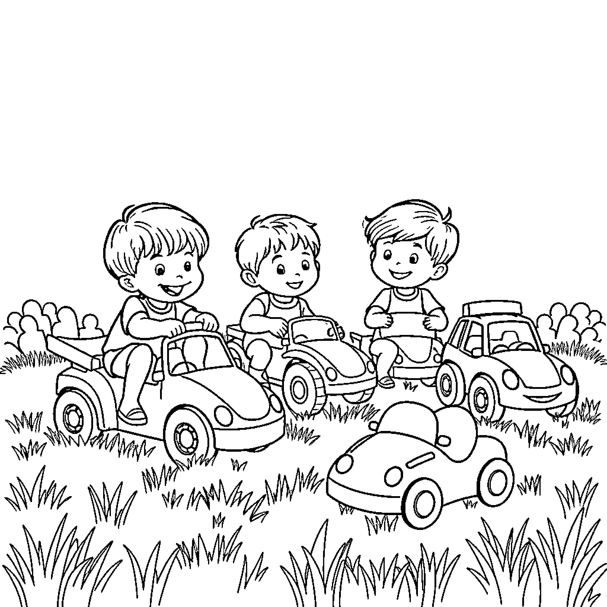 Children playing with toy cars in the park Coloring Page (free black-and-white line drawing printable PDF for all, from beginners to advanced learners, including children, teens, adults, and seniors)